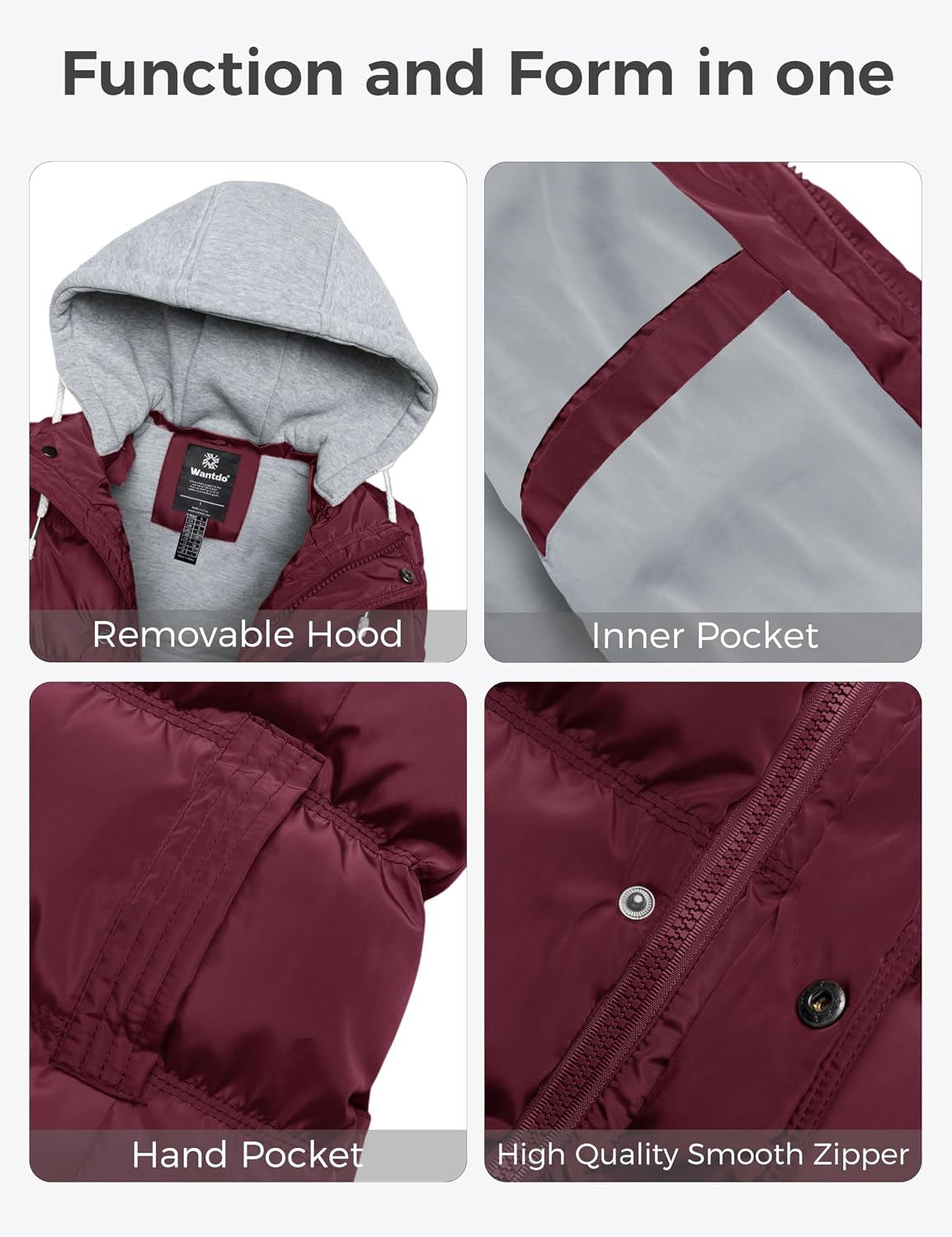 Detalle de Wantdo WT3520 Women’s Quilted Puffer Vest, Removable Hood, 3000 mm Waterproof Rating