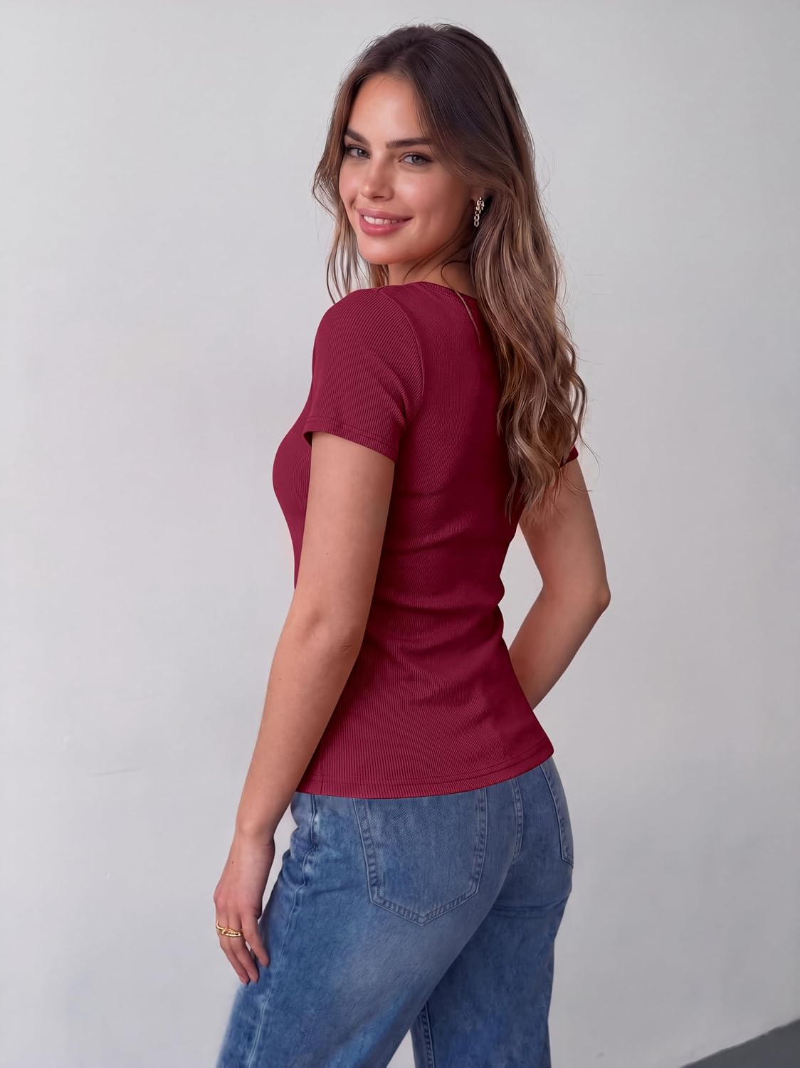 Detalle de Zeagoo Women's Short Sleeve Scoop Neck Rib Knit Tee