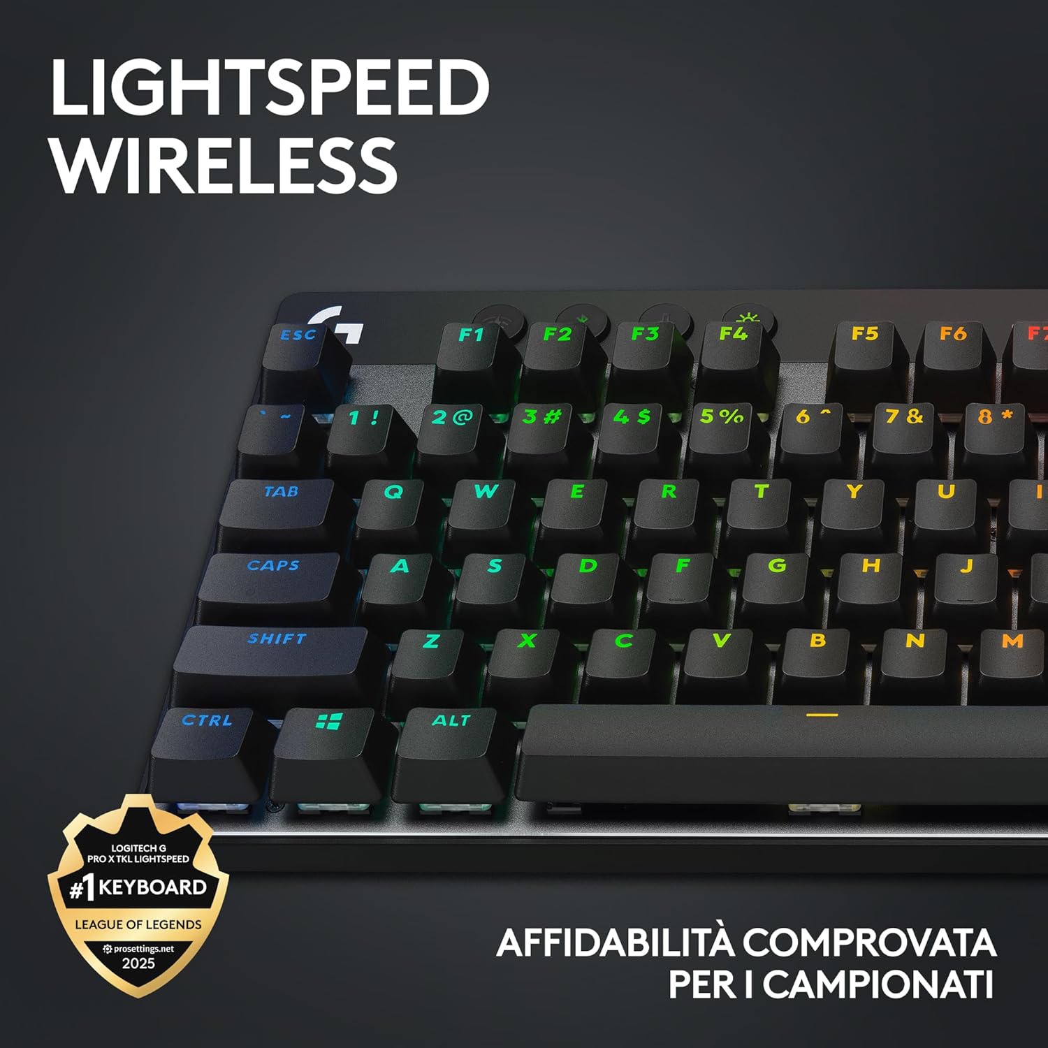 Detalle de Logitech G PRO X TKL LIGHTSPEED: tastiera gaming wireless compatta con switch GX Brown e keycaps PBT