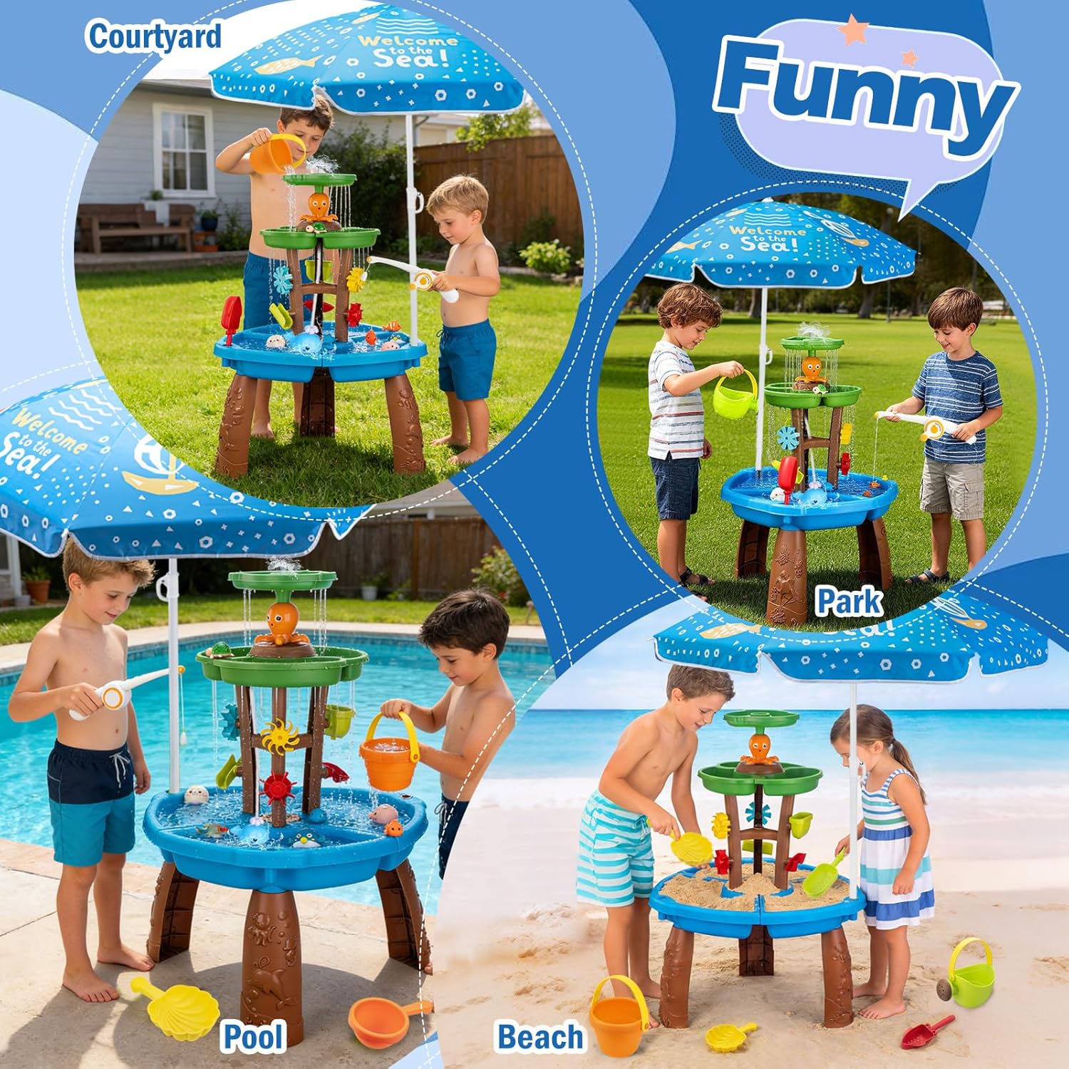 Thumbnail 1 de VROGTIK Toddler Water Table with Fishing Toys and Umbrella – Outdoor Sensory Play for 4–8 Year Olds