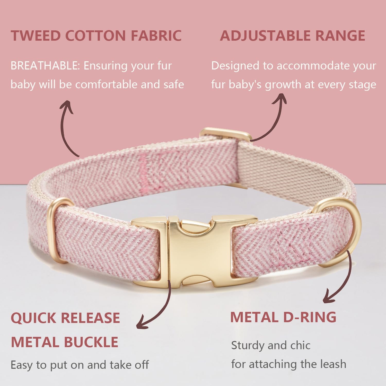 Detalle de Petiry Tweed Dog Collar with Metal Buckle – Adjustable cotton pink collar for medium dogs (31–49cm)