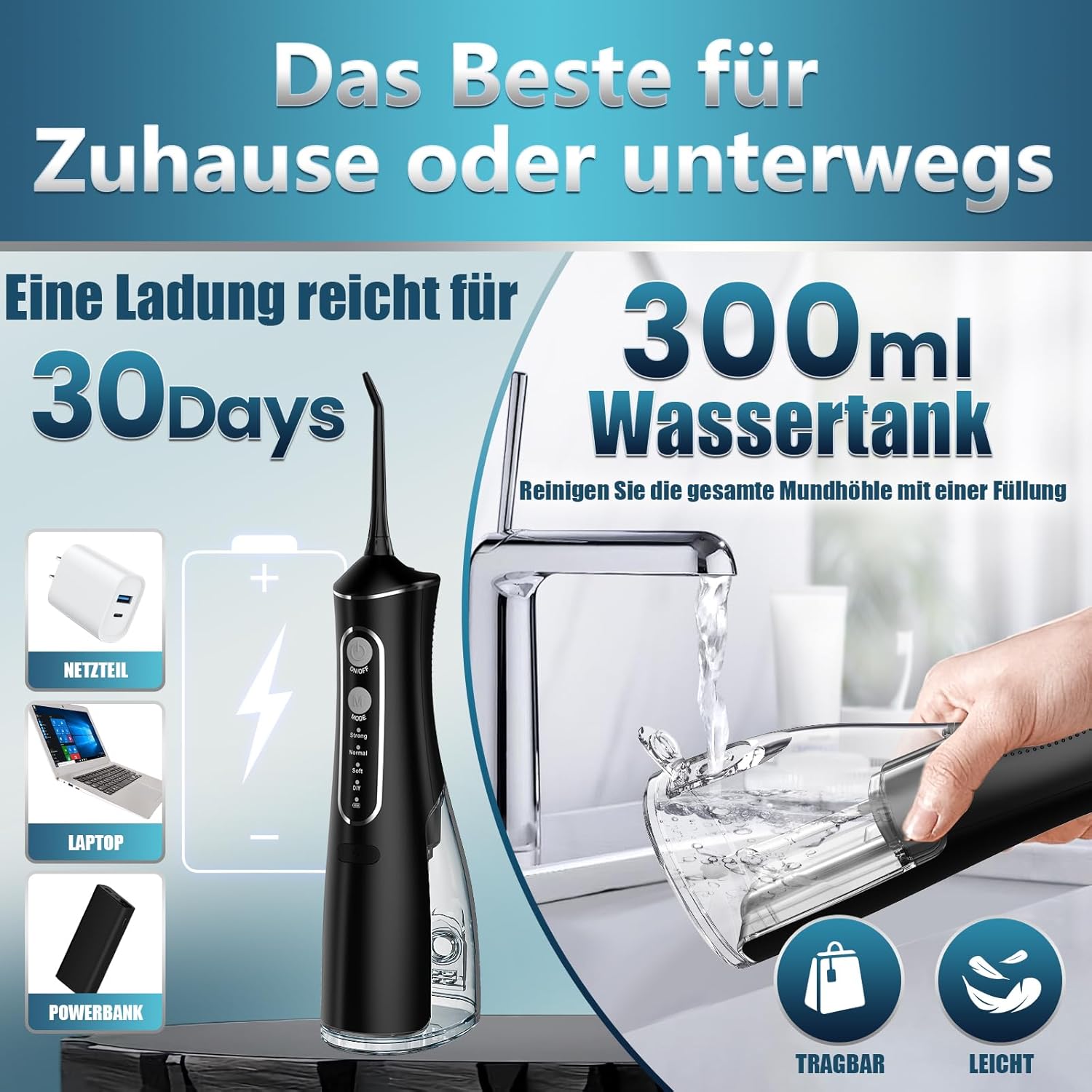 Detalle de OasiSmile Kabellose Elektrische Munddusche – Testsieger 2026, 4 Modi, 5 Düsen, 300 ml Tank, IPX7