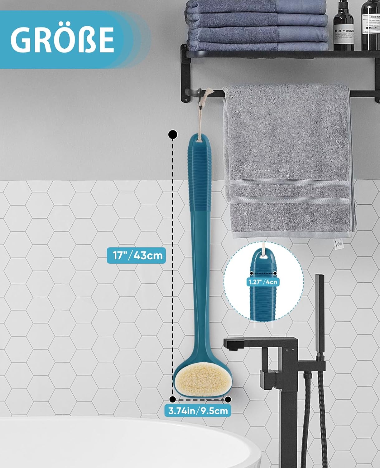 Detalle de Back Scrubber for Shower with 17" Long Handle – Non-Slip Grip, Navy Blue