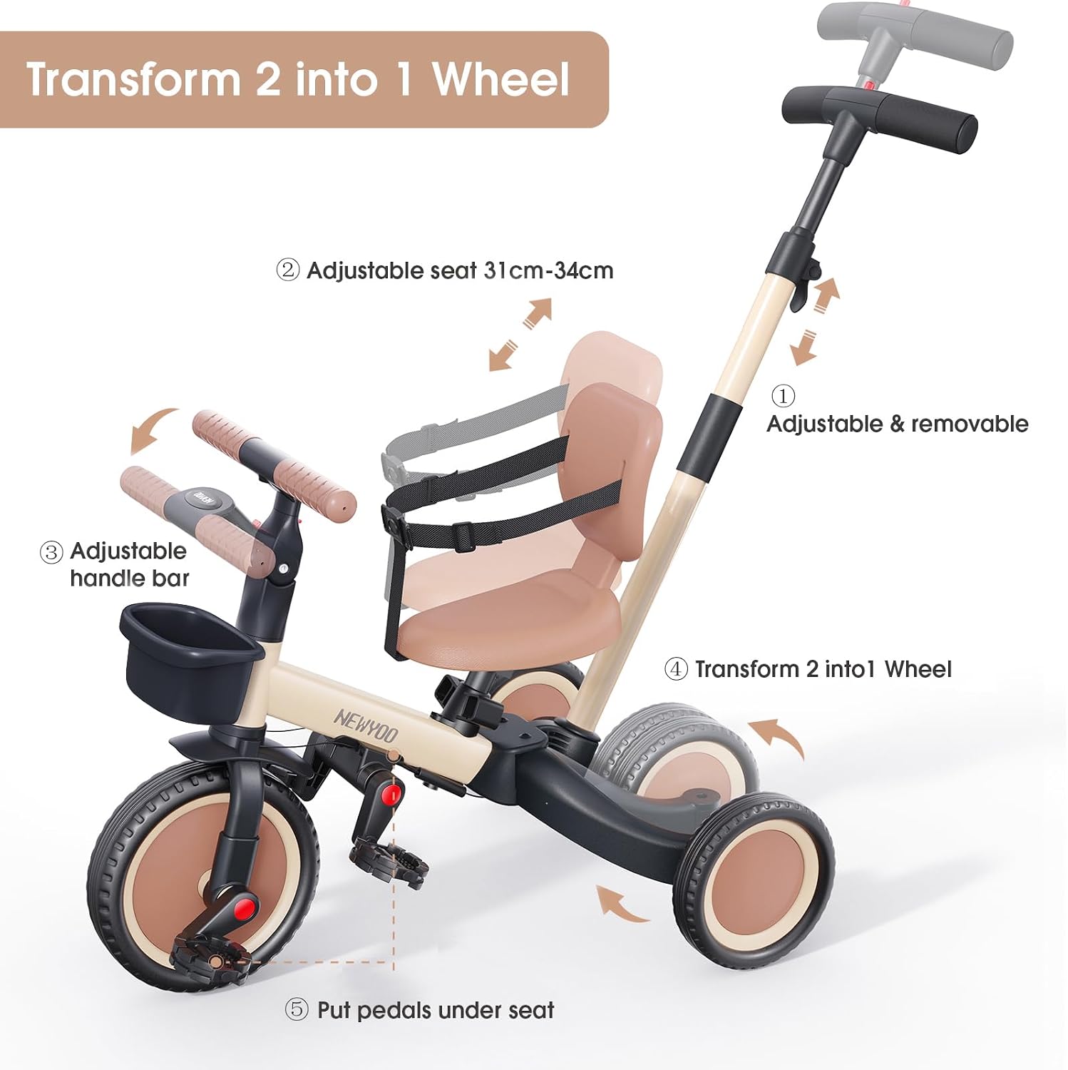 Thumbnail 3 de newyoo Toddler Tricycle with Push Handle (TR007) – 5-in-1 1–3 Year Olds, Khaki
