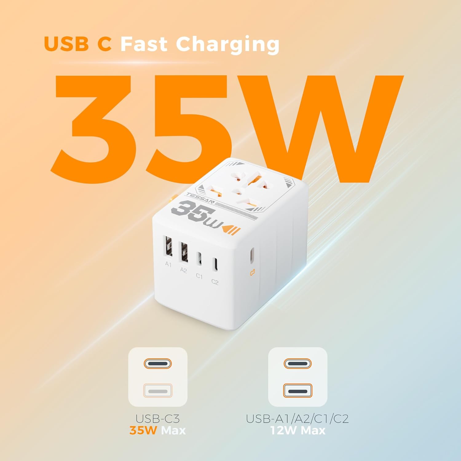 Thumbnail 2 de TESSAN Universal Travel Adapter 35W with 3 USB-C and 2 USB-A Ports (UK to EU/US/AUS/Ireland) – 6-in-1 Worldwide Outlet