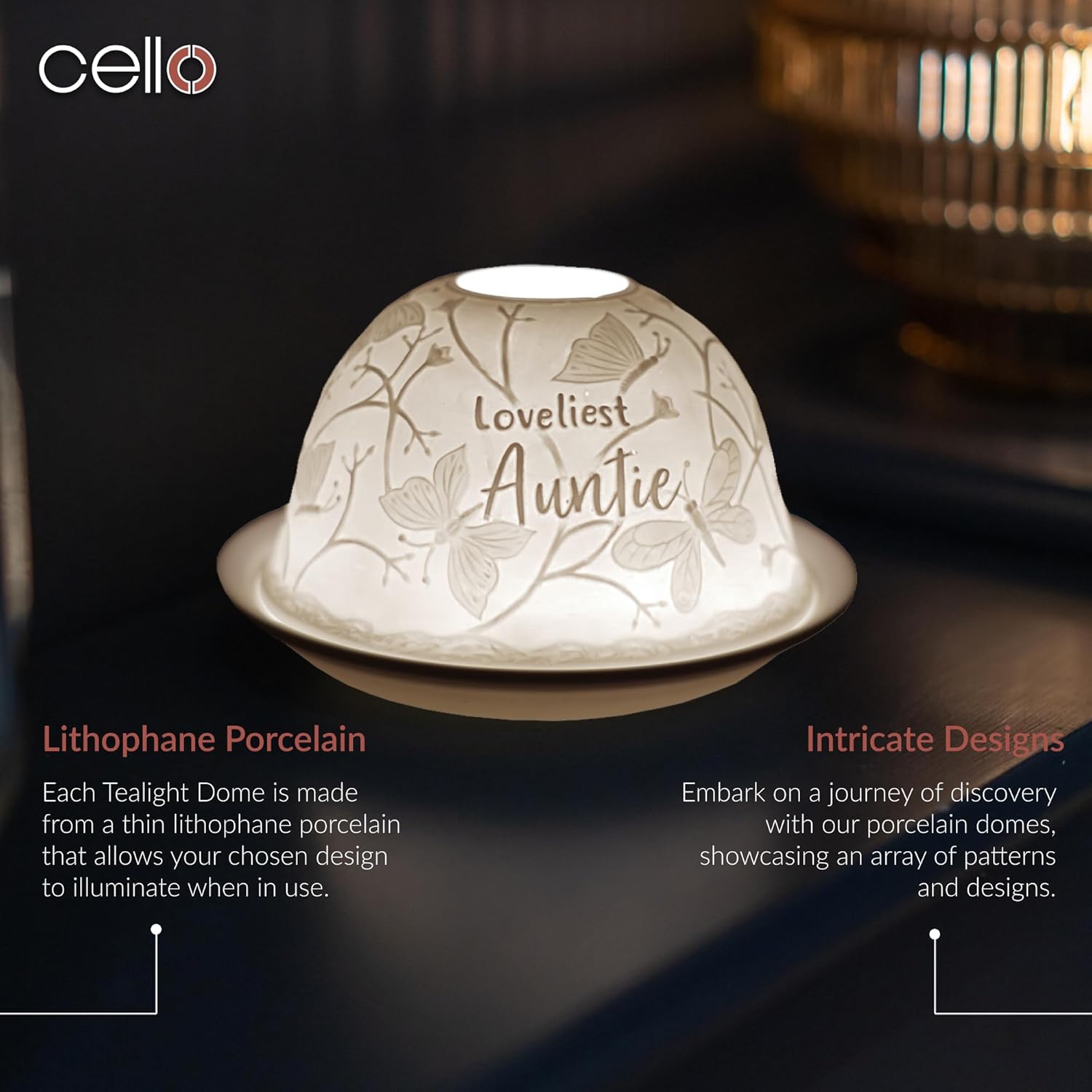 Thumbnail 1 de Cello Porcelain Tealight Holder Dome (Lithophane) – “Loveliest Auntie” 3D projection with warm glow