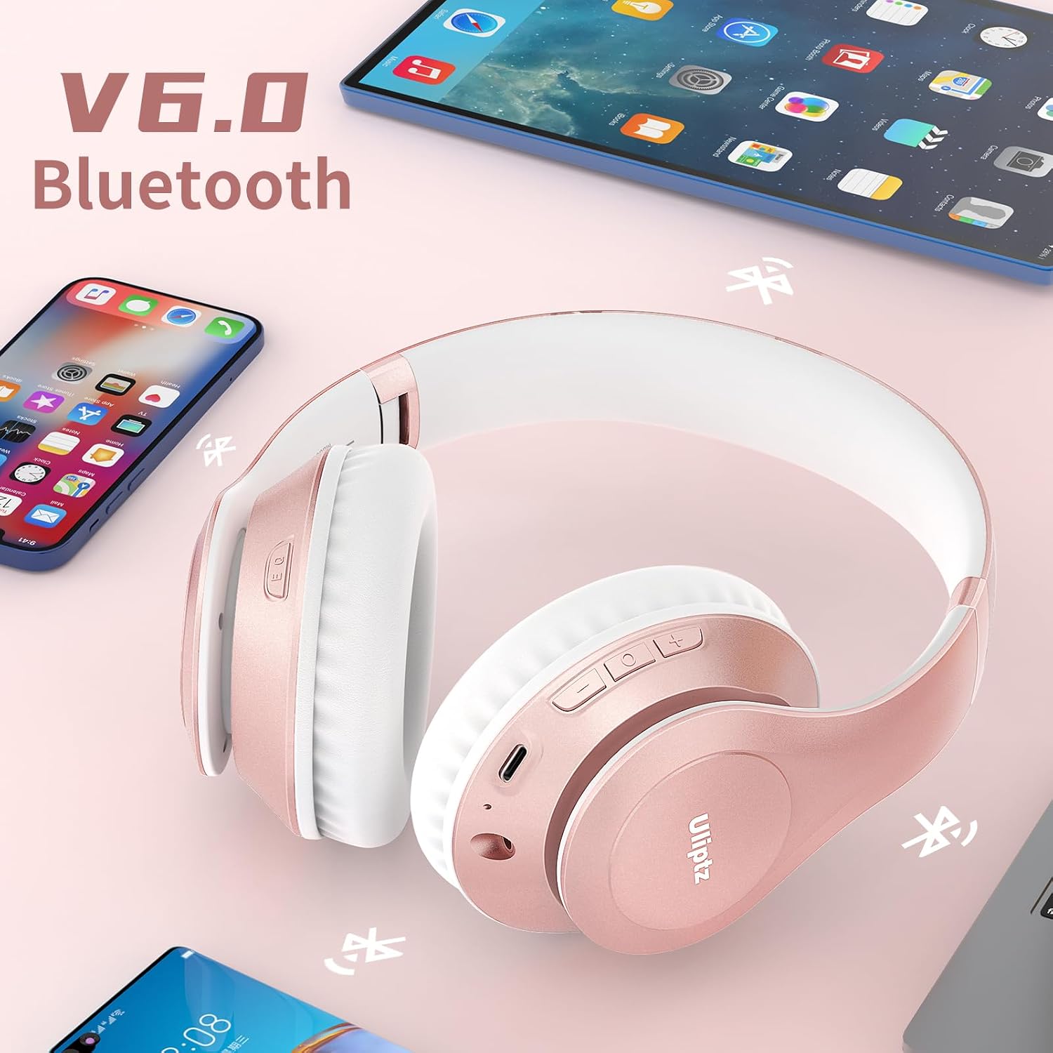 Detalle de Uliptz kabellose Bluetooth-Over-Ear-Kopfhörer mit Mikrofon (65 Std. Spielzeit, 6 EQ-Modi, faltbar) – Roségold