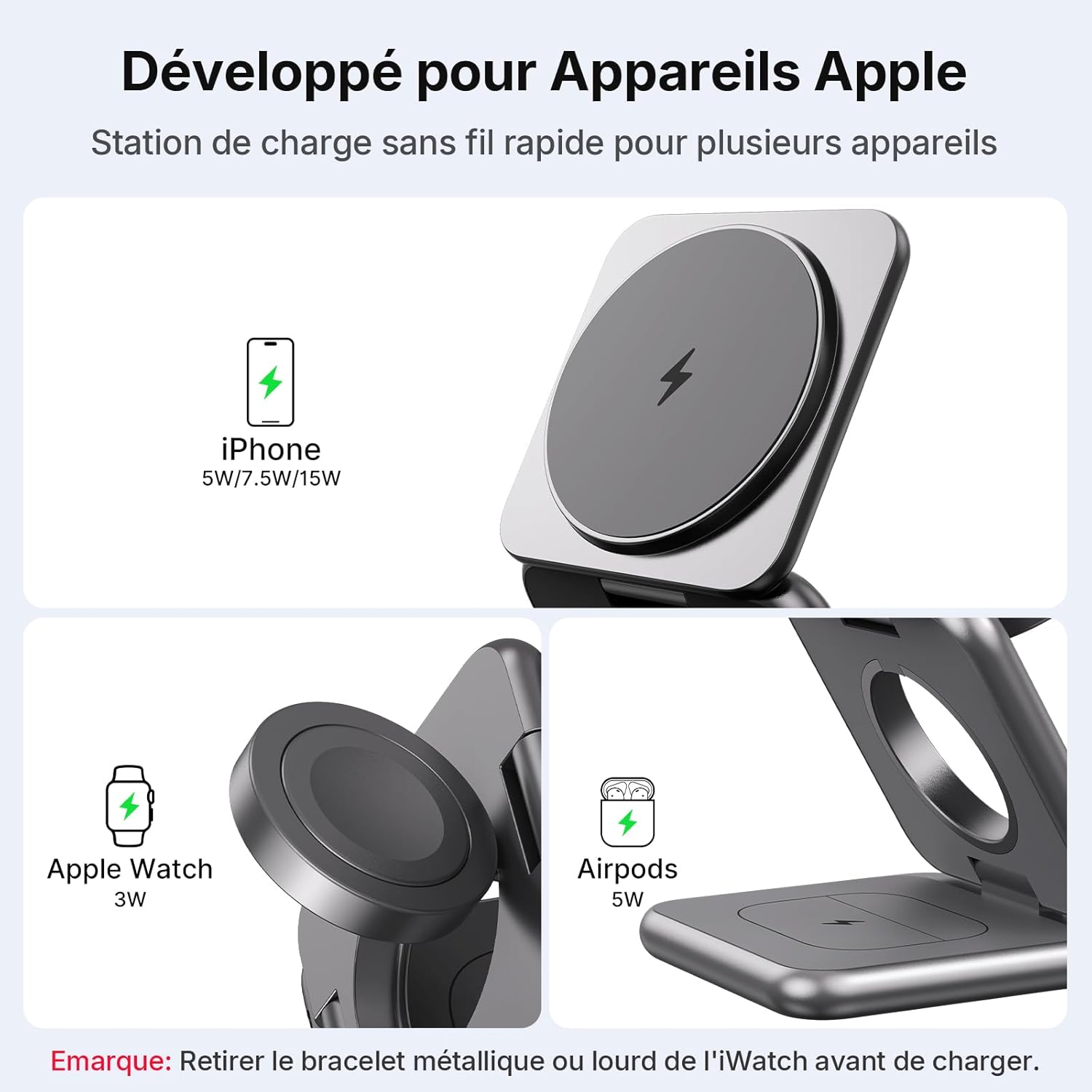 Thumbnail 5 de Alilong Chargeur Induction 3 en 1 Magnétique Folding: Chargeur sans Fil Alliéage Zinc pour iPhone, Apple Watch et AirPods