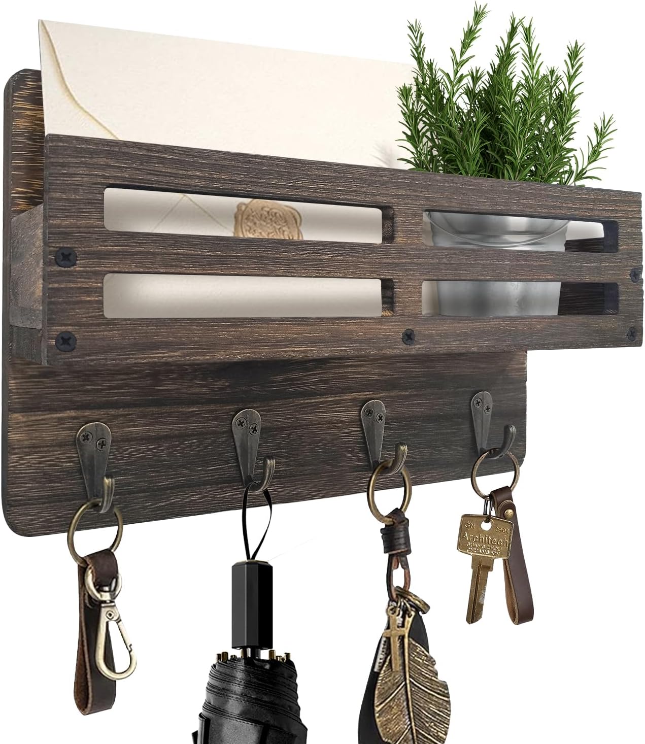 KISENG Key Hooks Wall-Mounted Key and Mail Organizer, 4 Hooks, Paulownia Wood