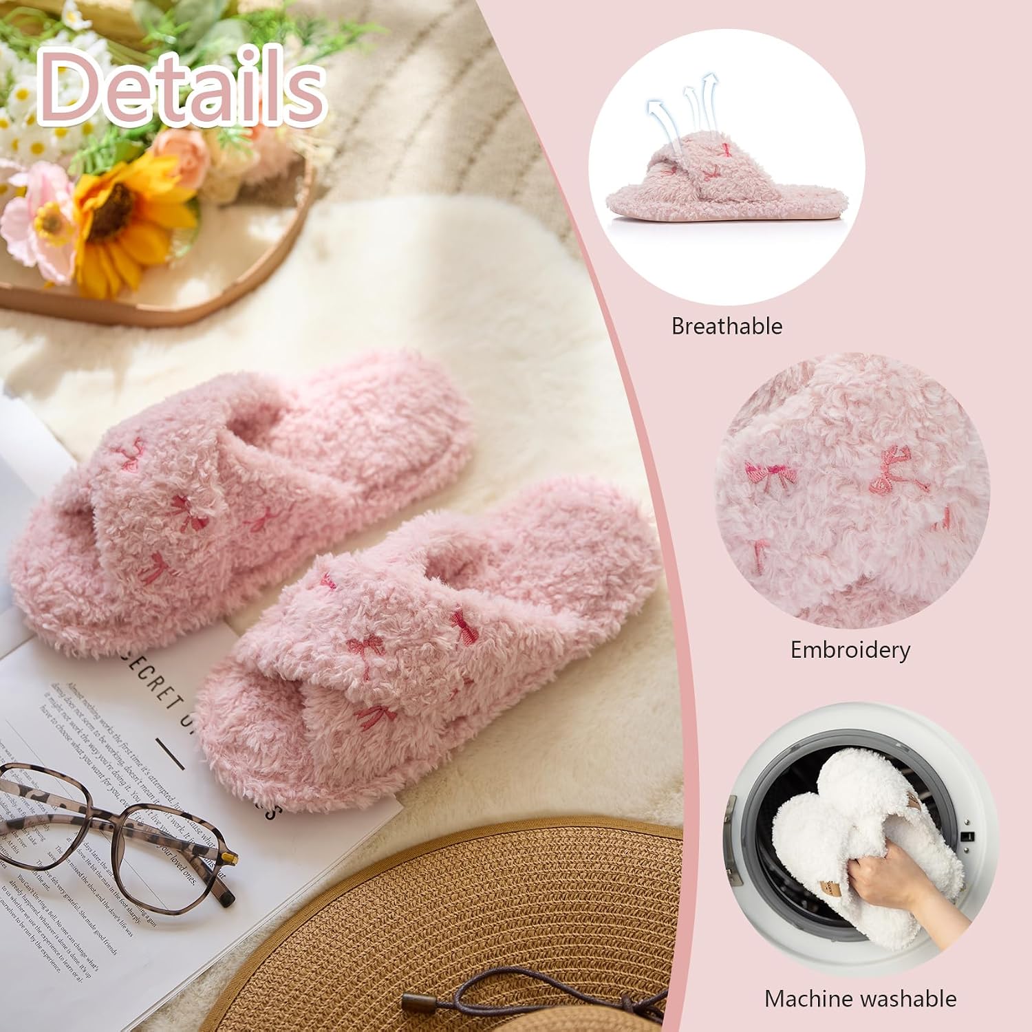 Detalle 2 de GOEWY Fuzzy Open-Toe Slippers for Women, Memory Foam, Faux Fur, TPR Sole