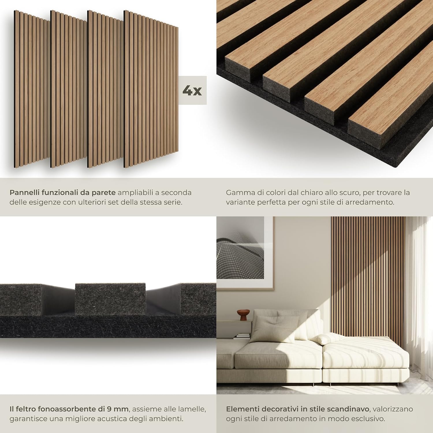 Detalle de tectake Set di 4 Pannelli Acustici Effetto Legno: design moderno e assorbimento elevato