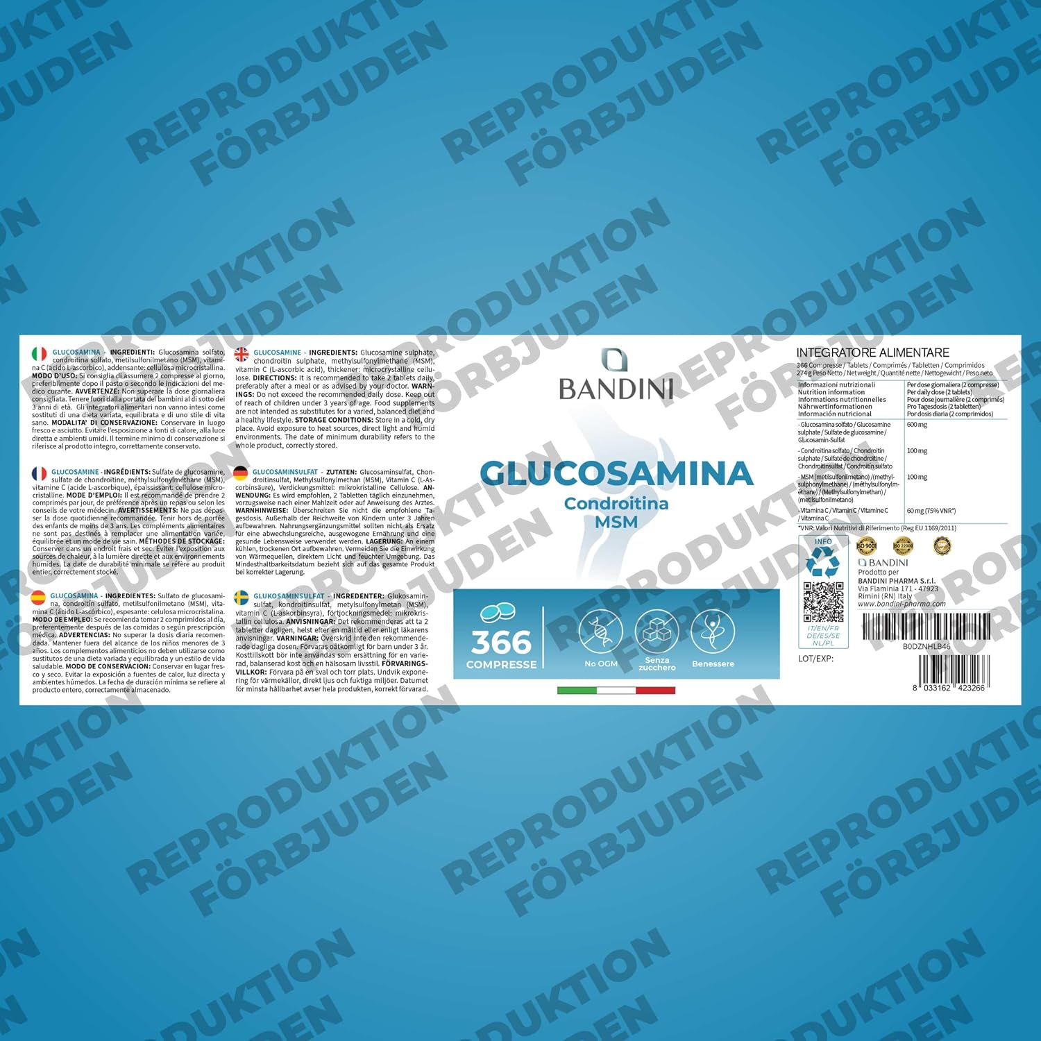 Detalle 1 de BANDINI Glukosamin, kondroitin, MSM och C-vitamin – 366 veganska tabletter