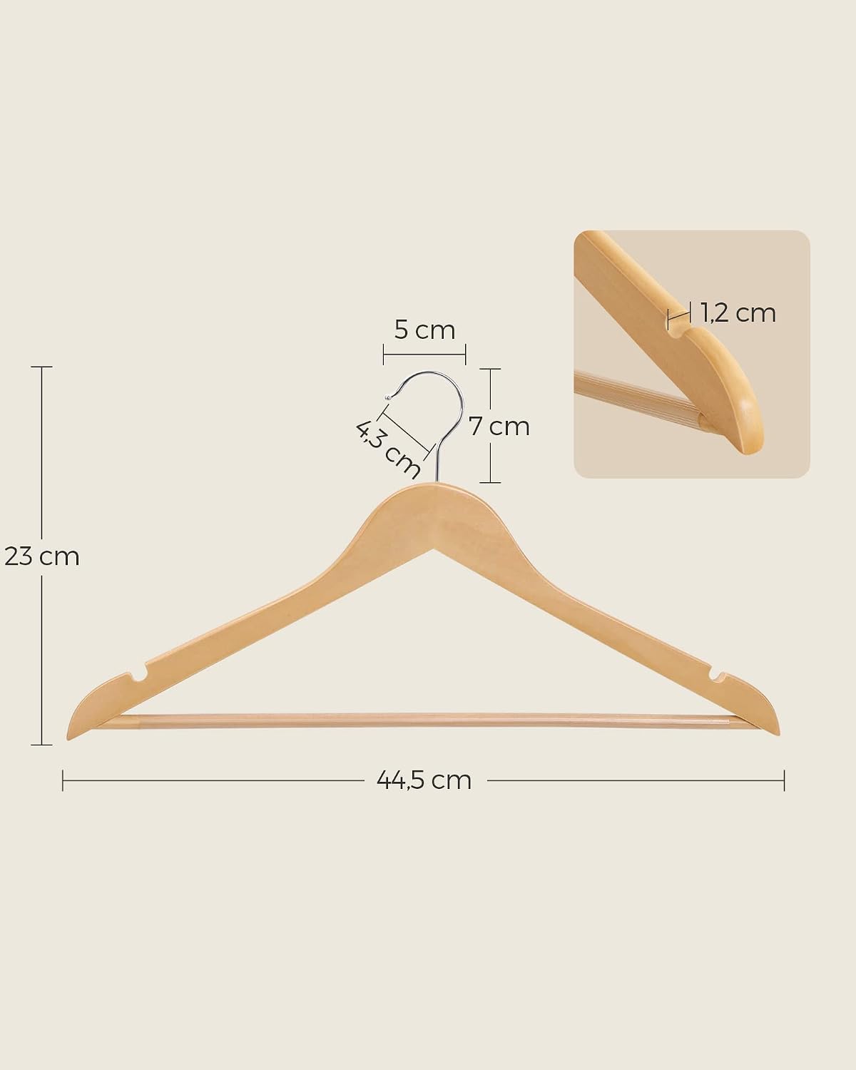 Detalle de SONGMICS lot de 50 cintres en bois CRW001-50 avec encoches antiglisse et crochet pivotant 360°