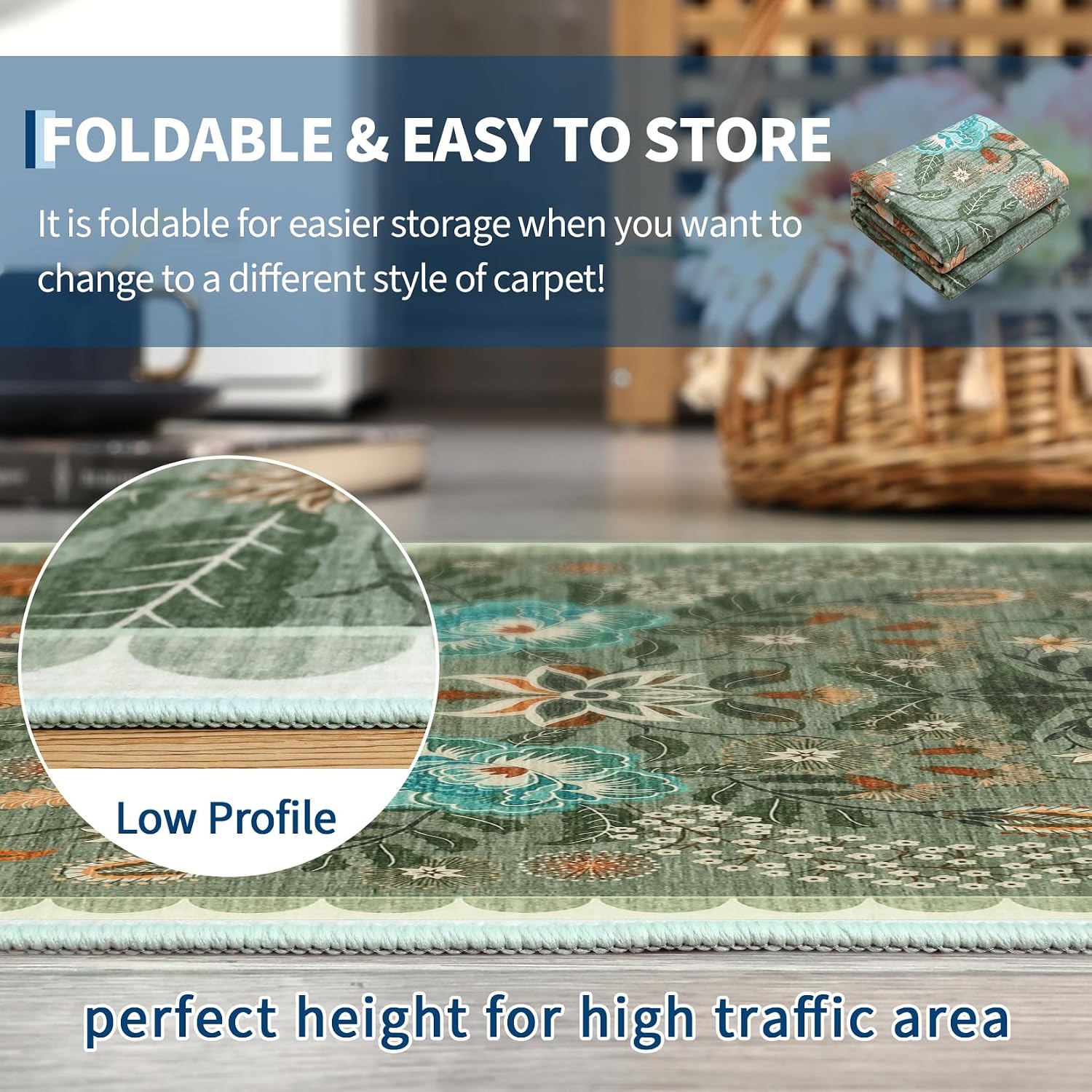 Detalle 2 de Garvee 8' x 10' Sage Green Washable Low-Pile Floral Area Rug
