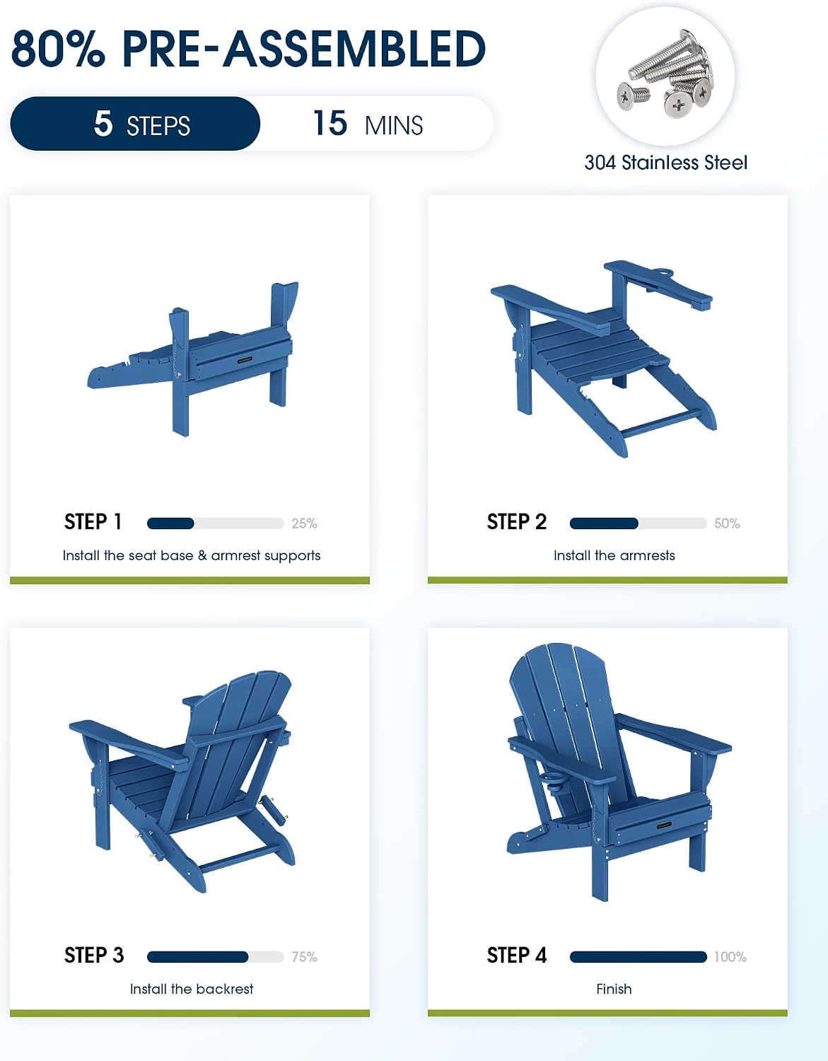 Thumbnail 5 de MUCHENGHY Folding Adirondack Chair HDPE, Navy Blue with Cup Holder