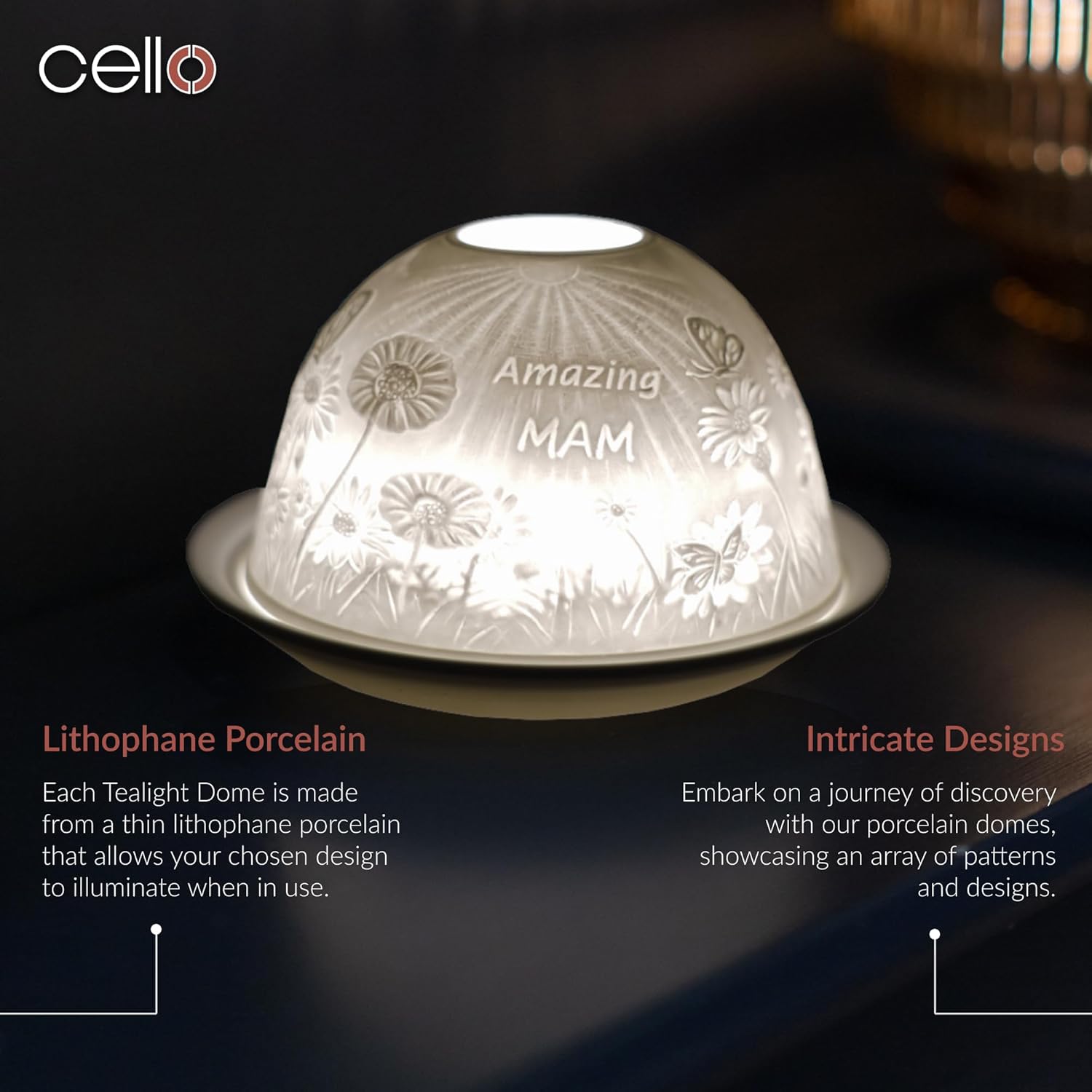 Thumbnail 1 de Cello Porcelain Tealight Holder Dome – “Amazing Mam” lithophane with 3D projection (LED or tealight)