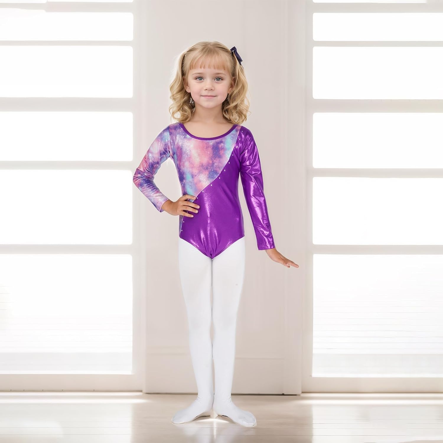 Thumbnail 2 de Gogokids Girls Three-Piece Gymnastics Leotards Set (Long Sleeve, Shorts & Hairband) with Gradient Sequin Design