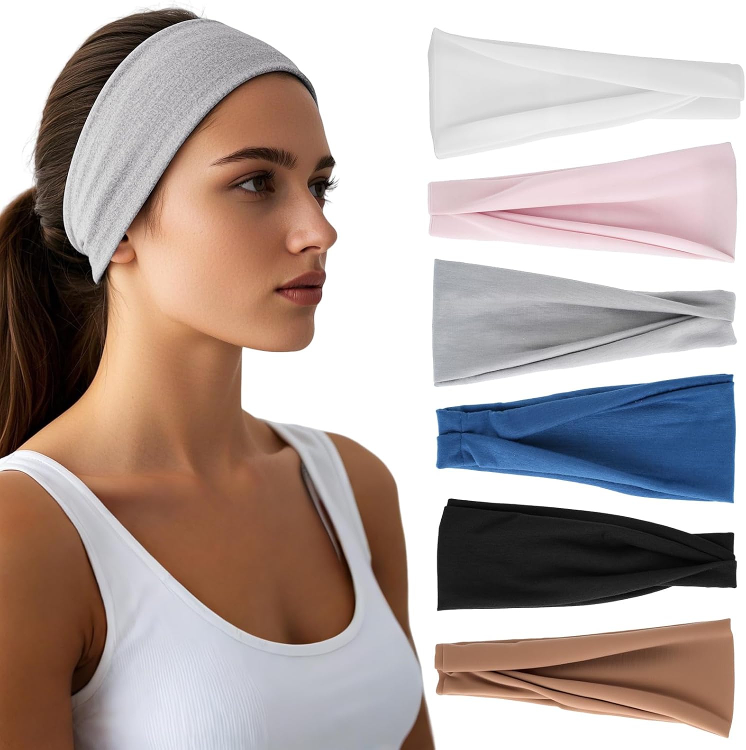 Women’s Wide Elastic Headbands (6-Pack) — Sweat-Wicking Non-Slip Bands for Workouts, Yoga & Daily Wear