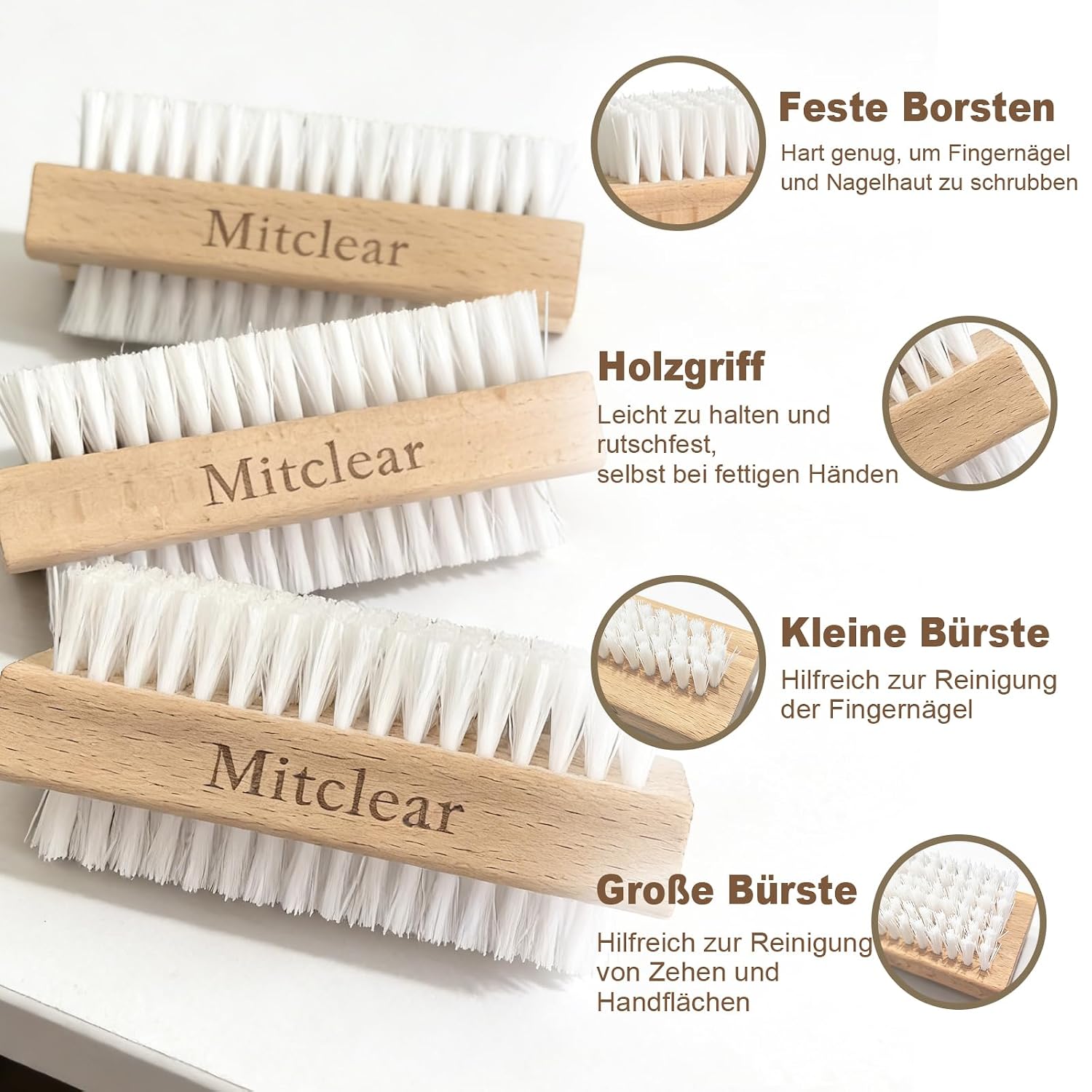 Detalle de Mitclear Nagelbürste Holz – 3er-Set, doppelseitig mit harten Borsten für Nägel, Hände und Füße