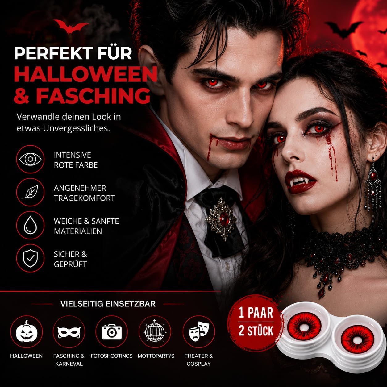 Detalle 2 de Costumed rode daglenzen zonder sterkte voor Halloween en carnaval