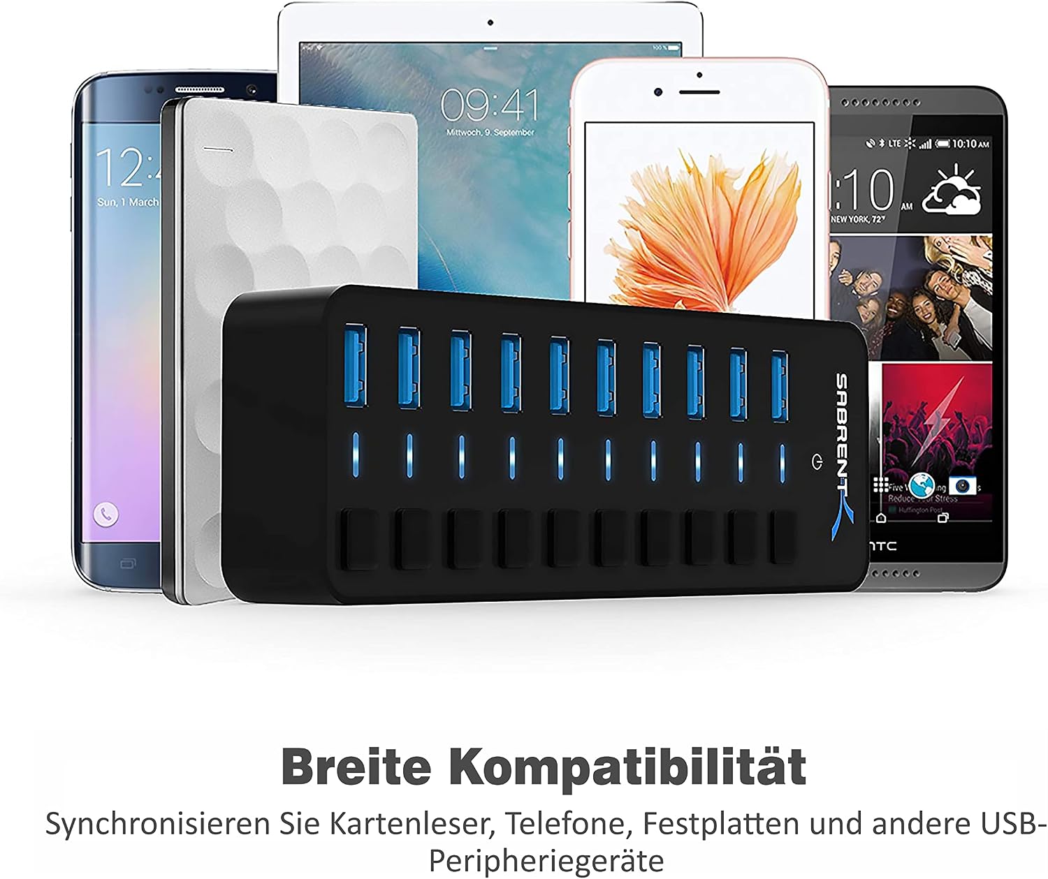 Detalle de Sabrent HB-BU10 aktiver USB 3.0 Hub mit Netzteil, 10 Ports und Ein-/Ausschaltern