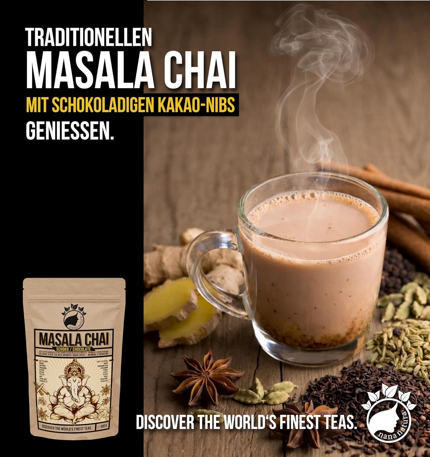 Thumbnail 1 de NanaNatura's Masala Chai Schoko Tee 100 g – würzig-schokoladig für Chai Latte mit Kakao-Nibs