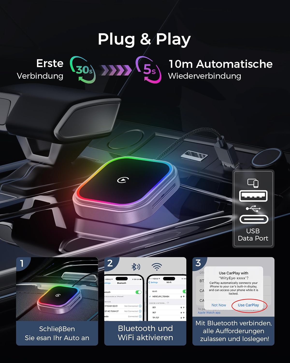 Thumbnail 4 de WityEye Wireless CarPlay & Android Auto Adapter 2-in-1 (Kabellos über CarPlay/Android Auto), mit RGB-Umgebungslicht und 5,8-GHz-WLAN