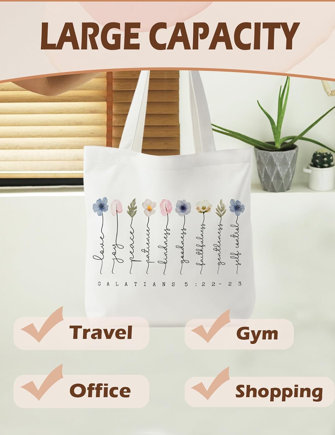 Detalle de Supwhd Women’s Christian Bible Tote Bag — Reusable Canvas Bible Bag with Pocket & Long Handles