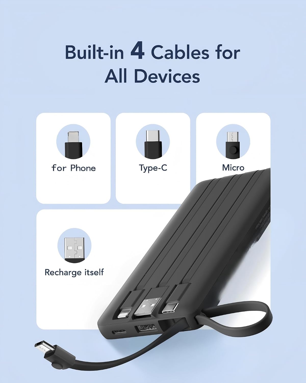 Detalle 2 de VRURC T1116 10,000mAh Portable Charger with Built-In Cables and LED Display