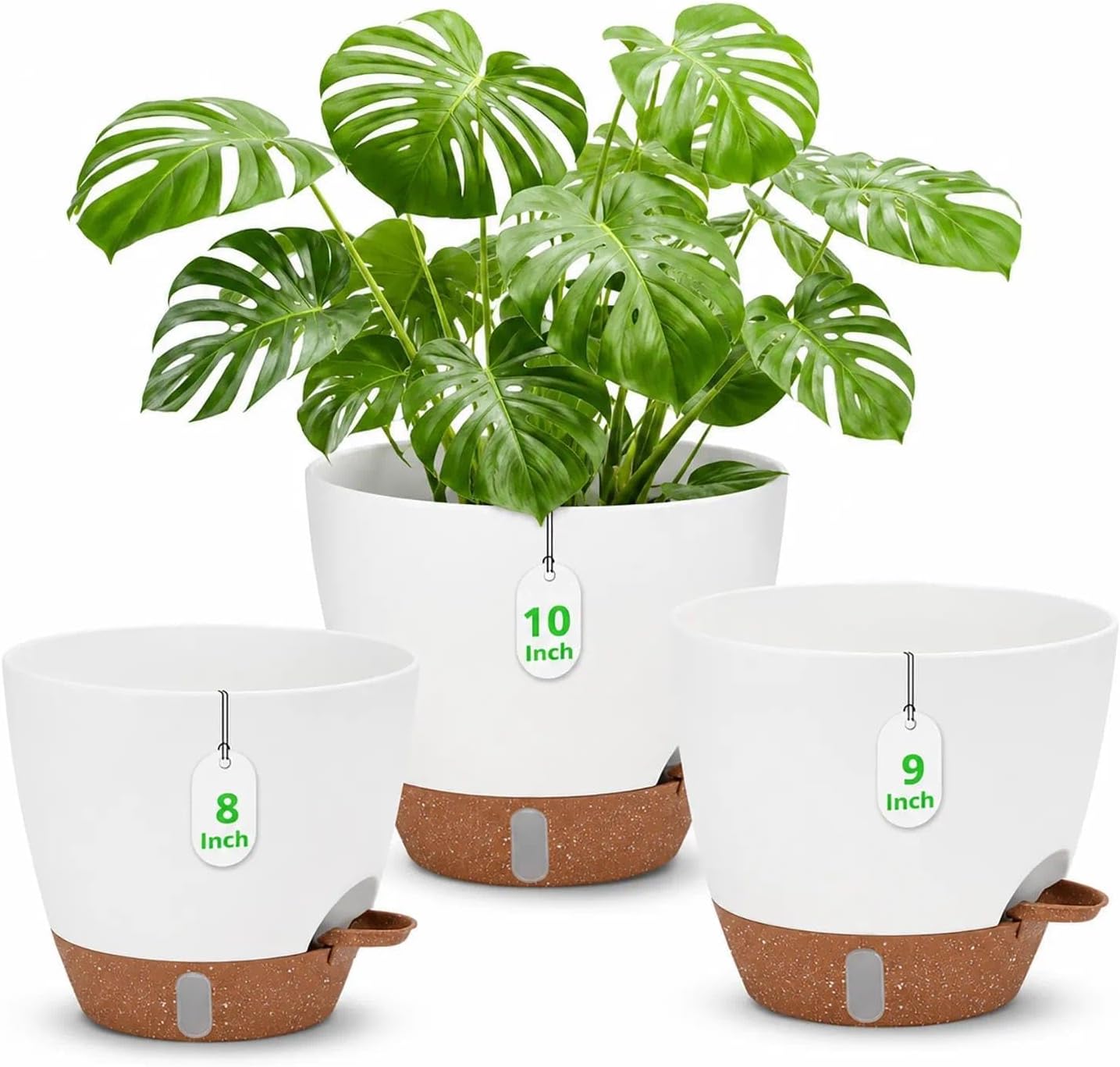 Detalle de ZMTECH Self-Watering Plant Pots, 8/9/10-Inch White Set with Water-Level Indicator