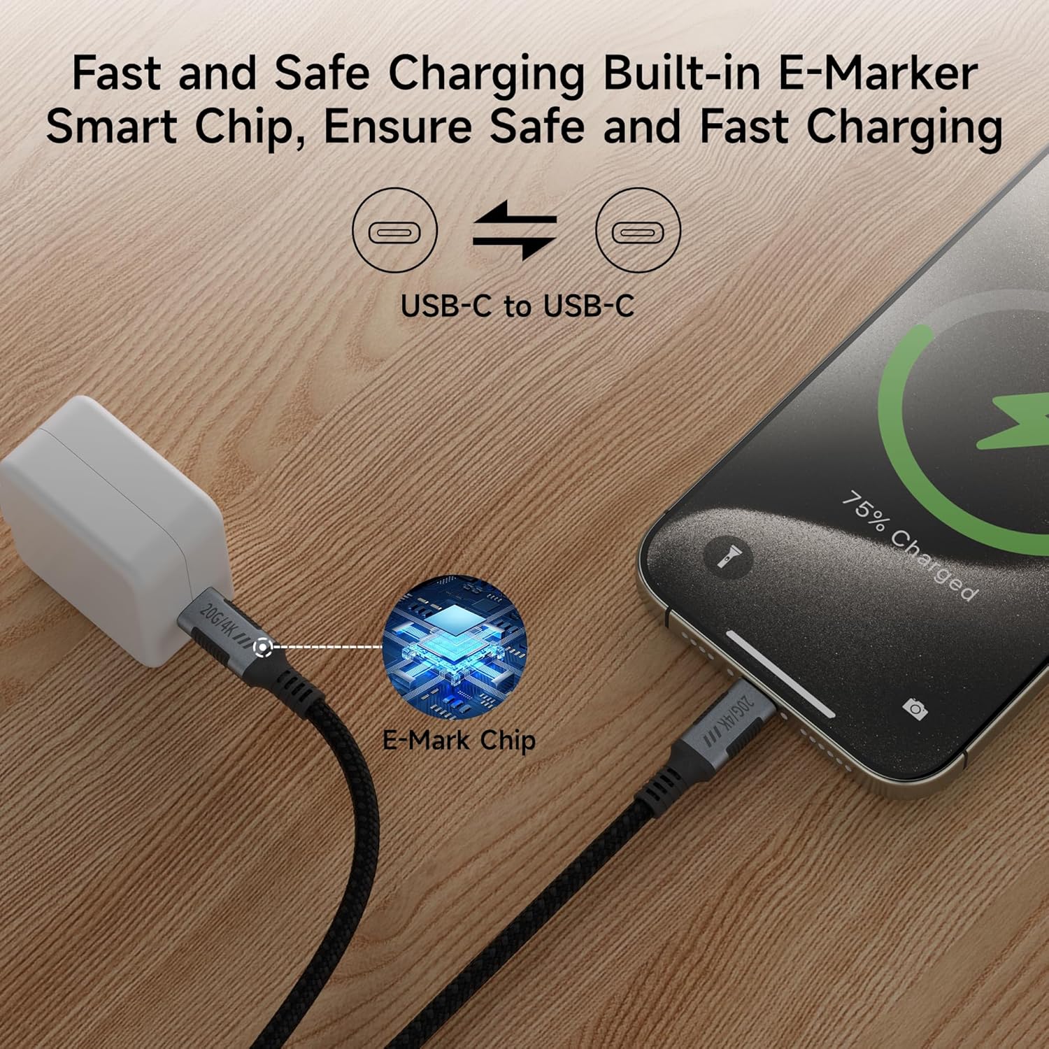 Detalle de KMMXXCPM USB-C Kabel 2er-Pack (0,15 m) – USB-C zu USB-C, 20 Gbps, 240 W PD, 4K@120 Hz, Thunderbolt 3-kompatibel