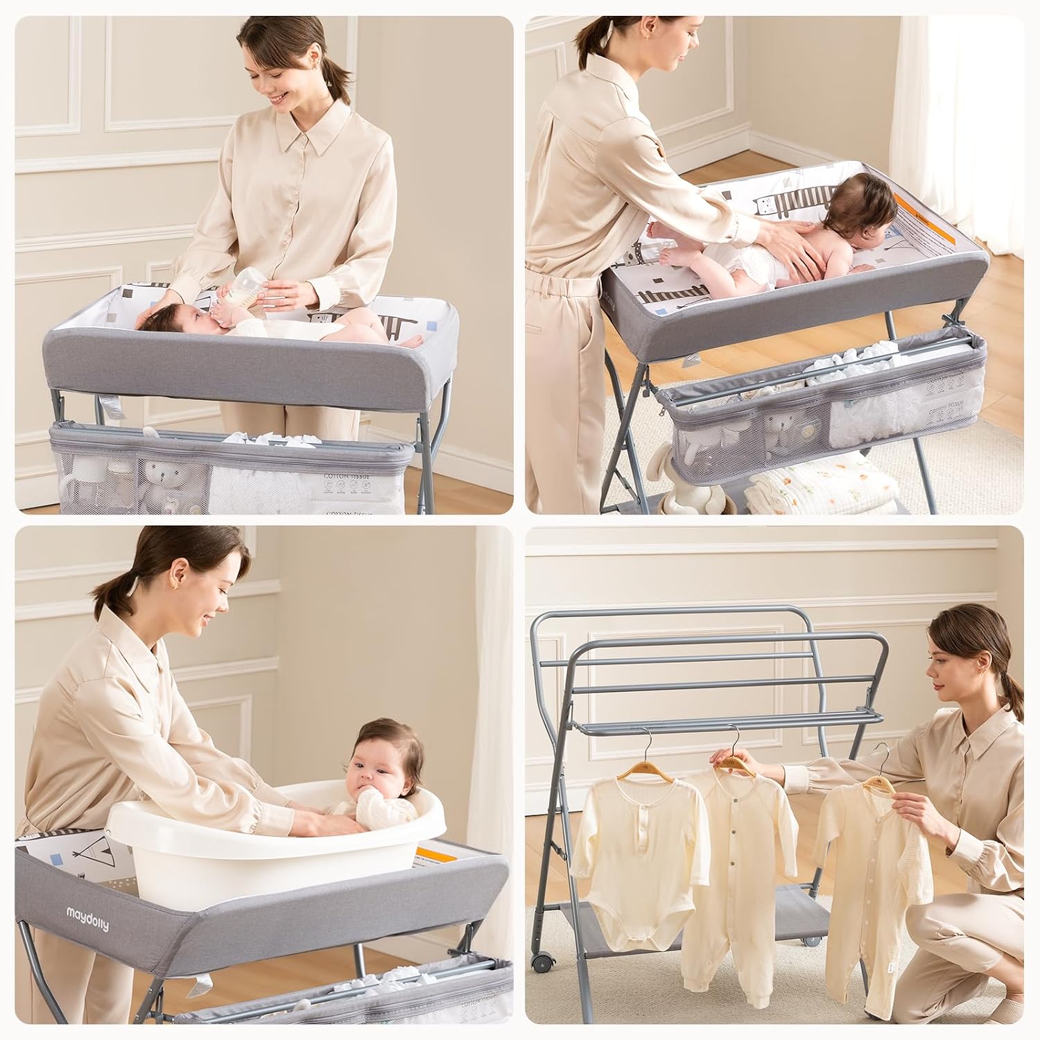 Detalle 1 de Maydolly Baby Changing Table with Wheels, Adjustable Height, Folding Light Gray