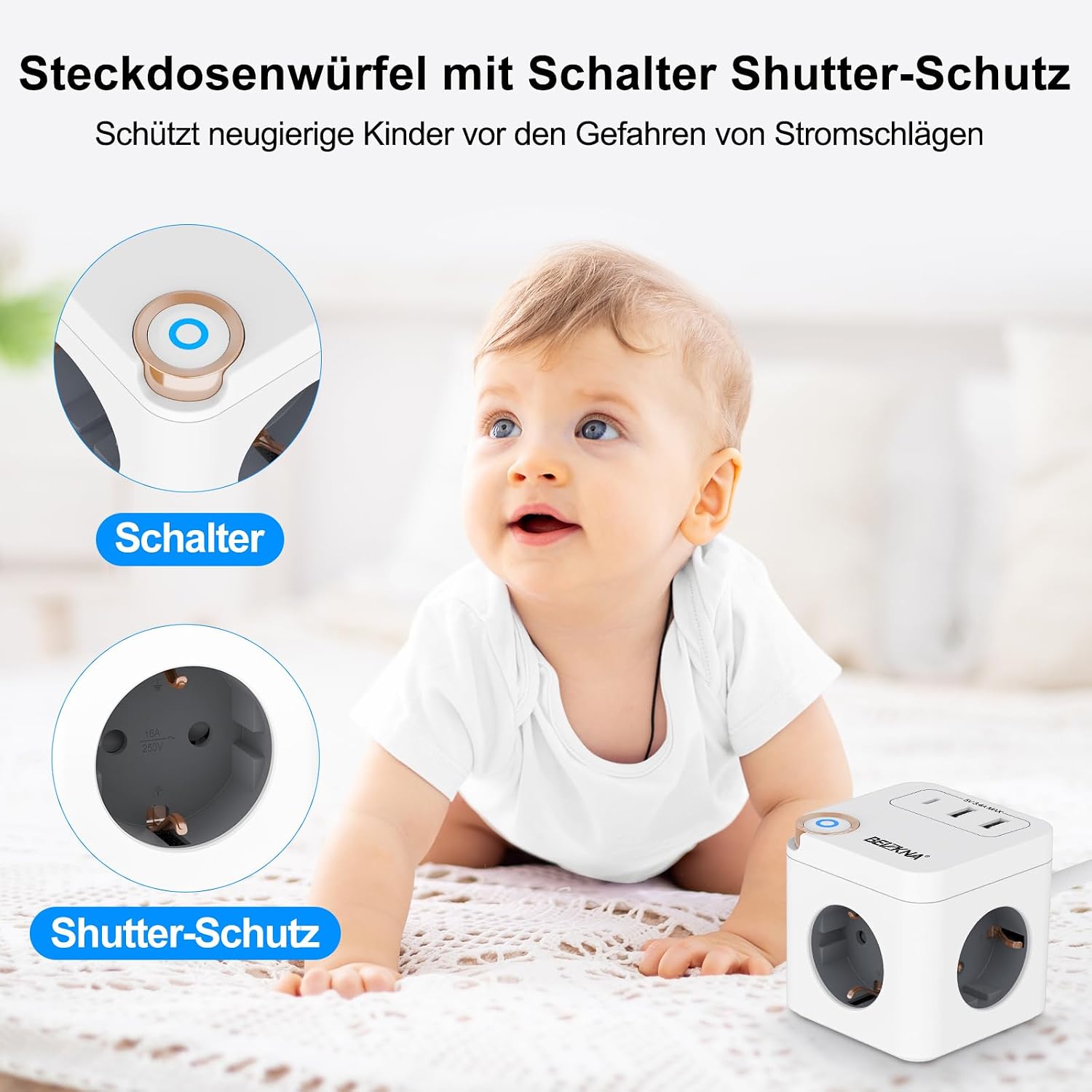 Detalle de Beizkna Steckdosenwürfel mit USB-C: 3-fach Mehrfachsteckdose mit Überspannungsschutz, Schalter und 1,5 m Kabel