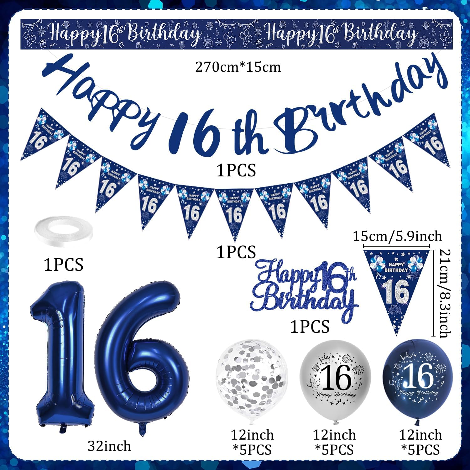 Detalle de VICTERR 16th Birthday Decorations for Boys – Blue & Silver Party Pack
