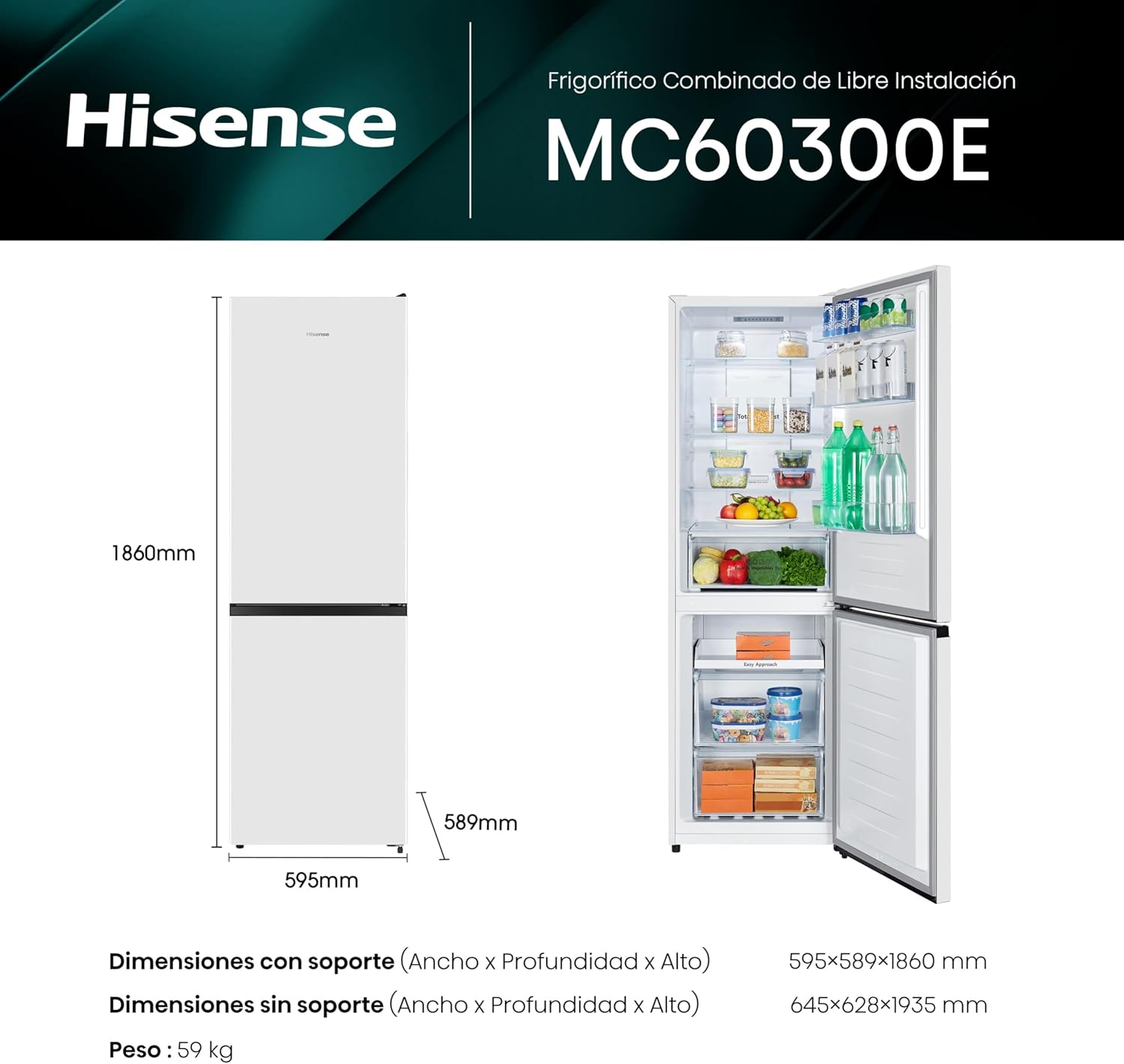 Detalle 2 de Hisense MC60300E Frigorífico Combi 🧊 304L, Silencioso y Reversible