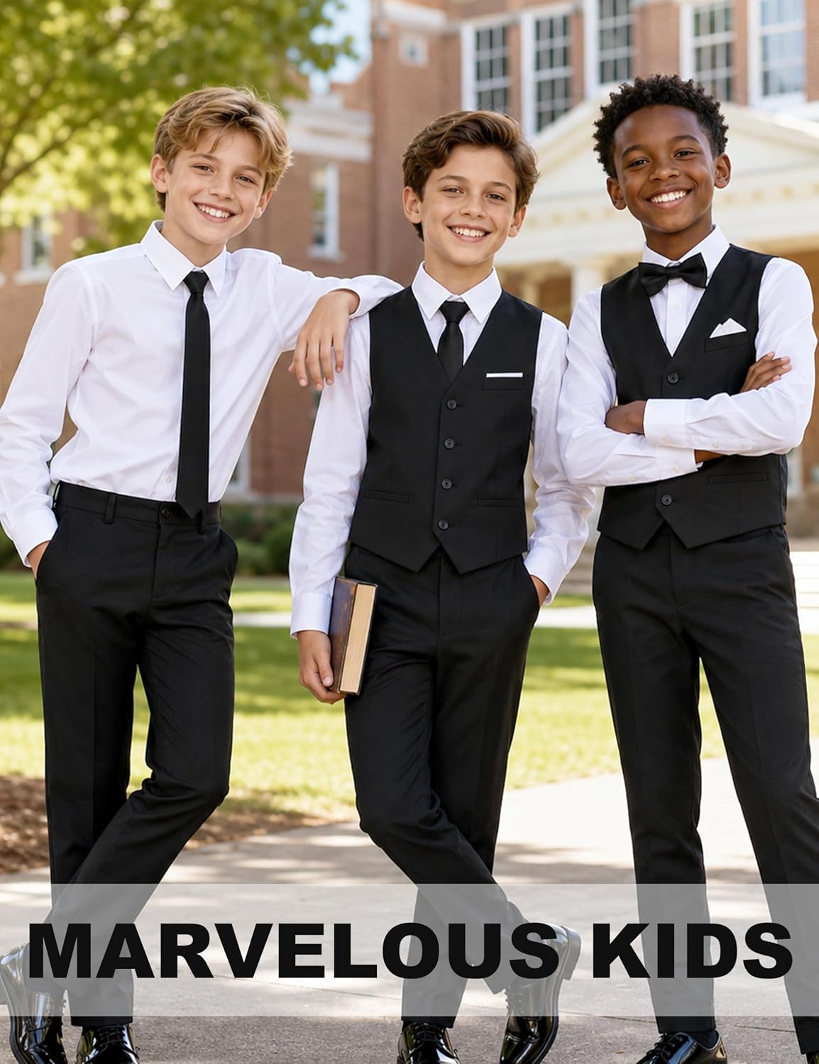 Detalle de Marvelous Kids Boys’ 6-Piece Formal Slim Fit Suit Set (Vest, Dress Shirt, Tie, Pocket Square & Bow Tie)