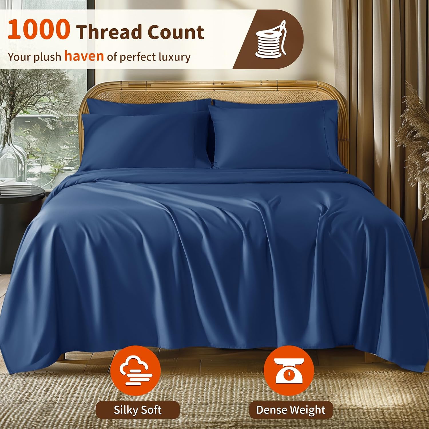 Thumbnail 1 de LBRO2M 1000 Thread Count Egyptian Cotton Sheets Set — California King Navy Blue (6-Piece)
