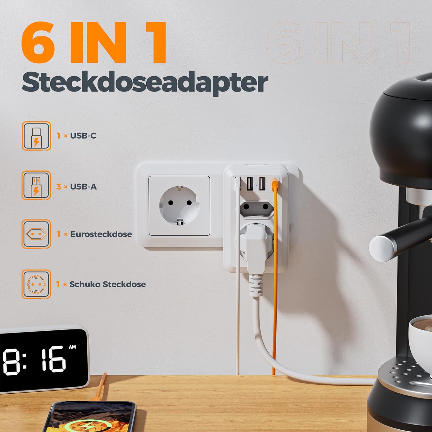 Thumbnail 1 de TESSAN Doppelstecker für Steckdose mit 4 USB-Anschlüssen – 2-fach Steckdosenadapter mit Schalter, 4000W, USB-C & USB-A
