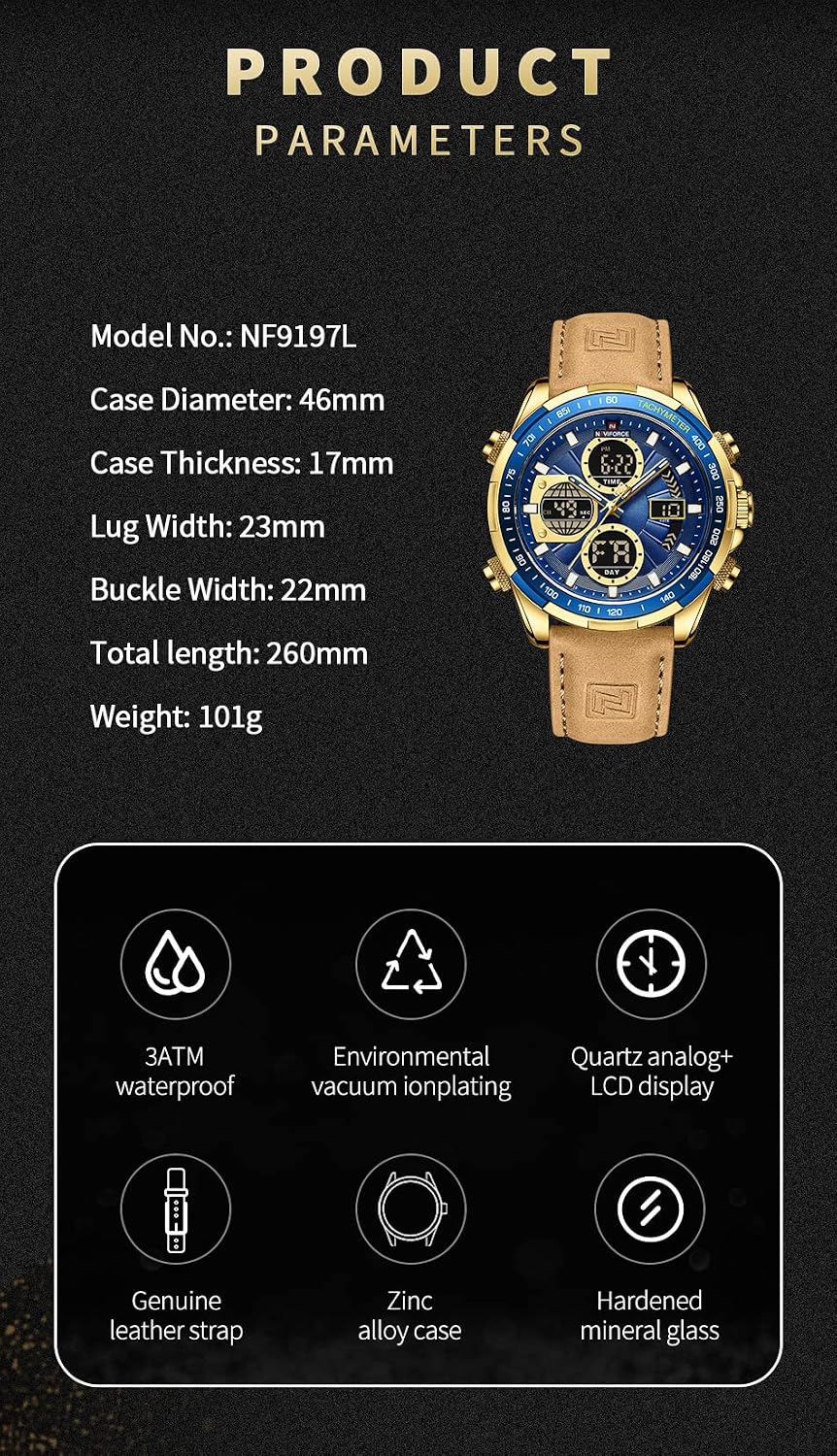 Detalle de Naviforce Herren Militär Digitaluhren Analoge Quarz – Multifunktionale Uhr mit Lederarmband