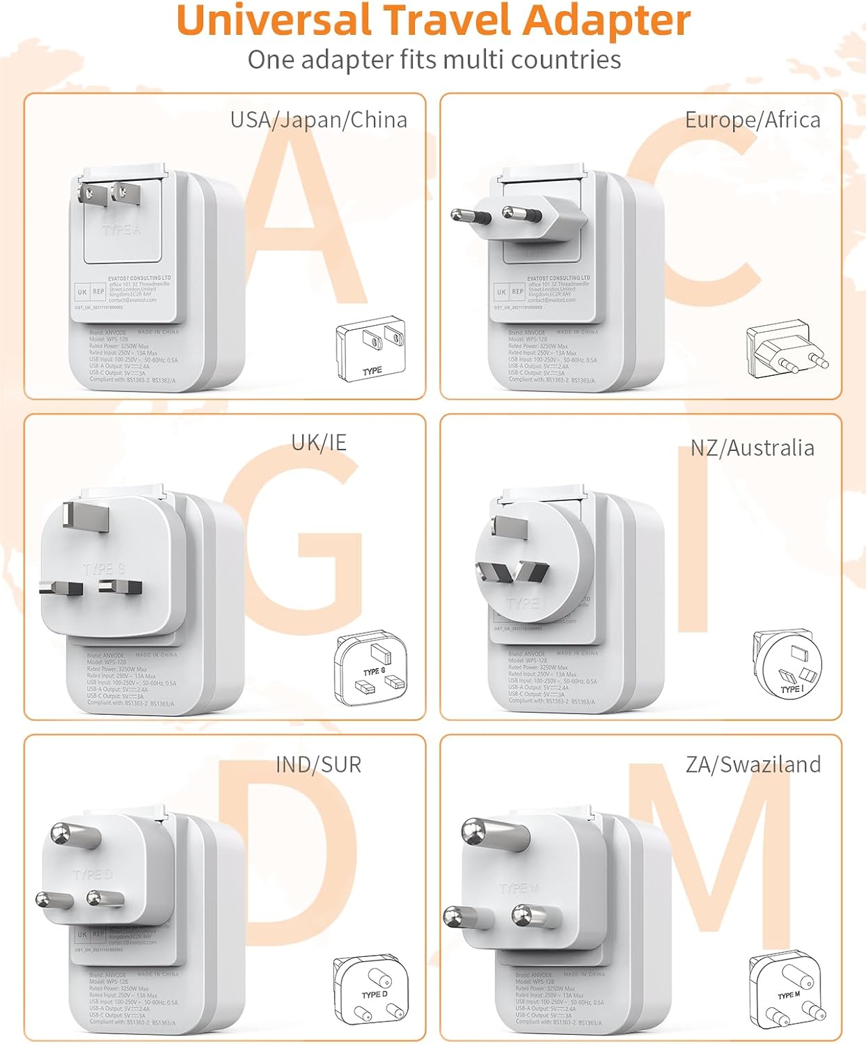 Detalle de UK to Worldwide Travel Adapter Set with 6 removable plugs and 4 USB ports (2 USB-C)