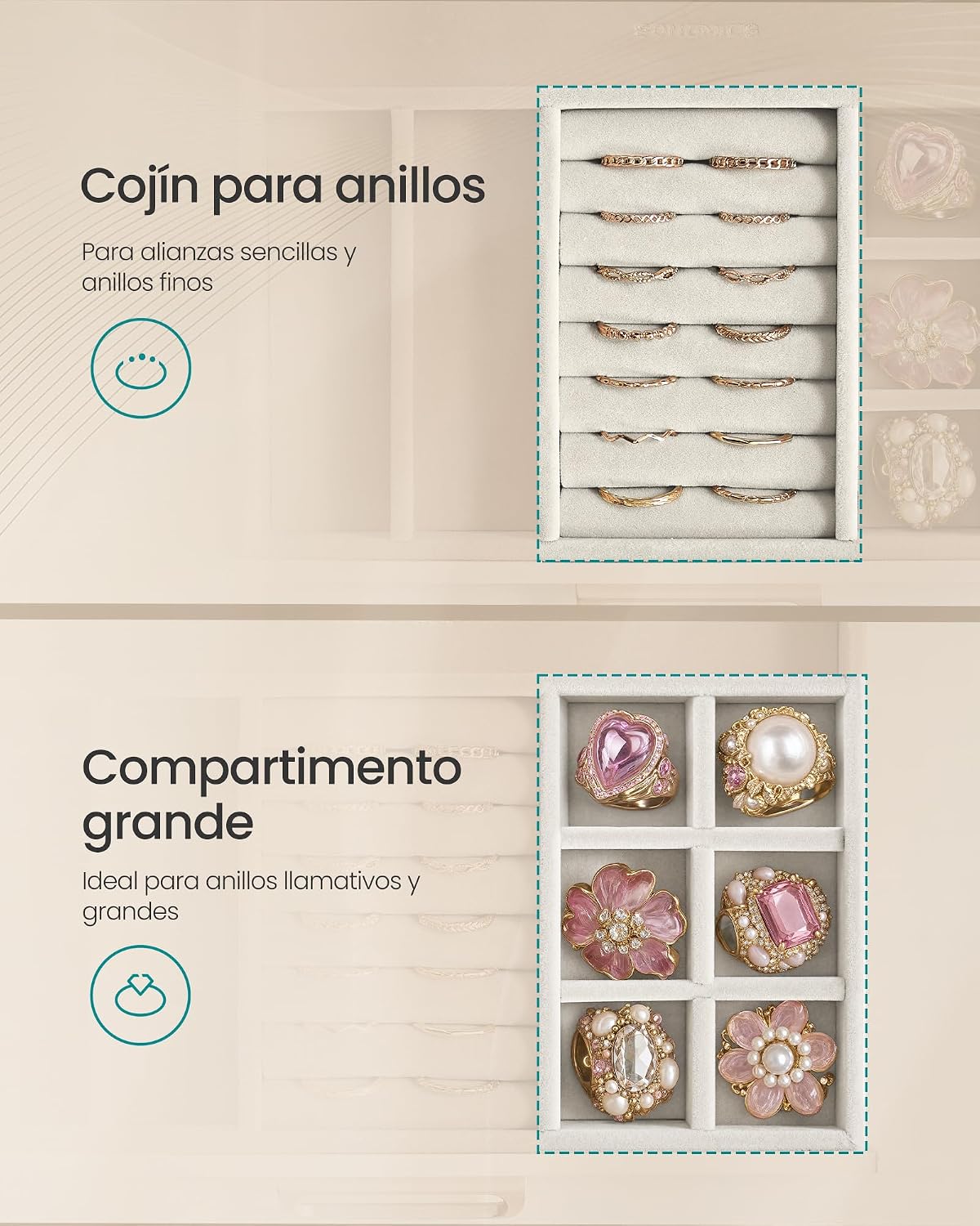 Thumbnail 6 de SONGMICS Joyero con 5 cajones y tapa de cristal – Organizador elegante para tocador