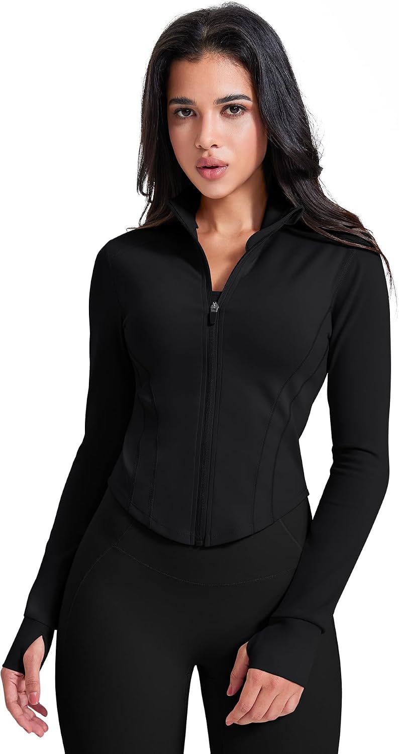 Detalle de AVGO Cropped Workout Jacket for Women, Full Zip with Thumb Holes