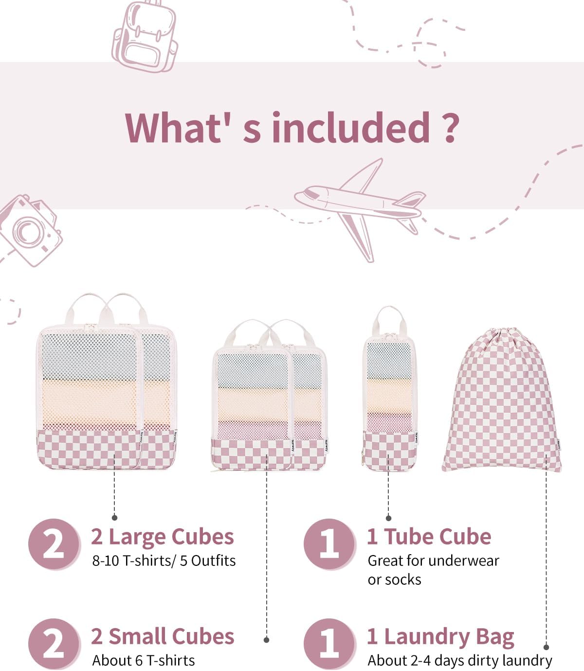 Detalle de Narwey 6 Set Compression Packing Cubes for Carry-On Luggage (Checkerboard Dusty Rose)