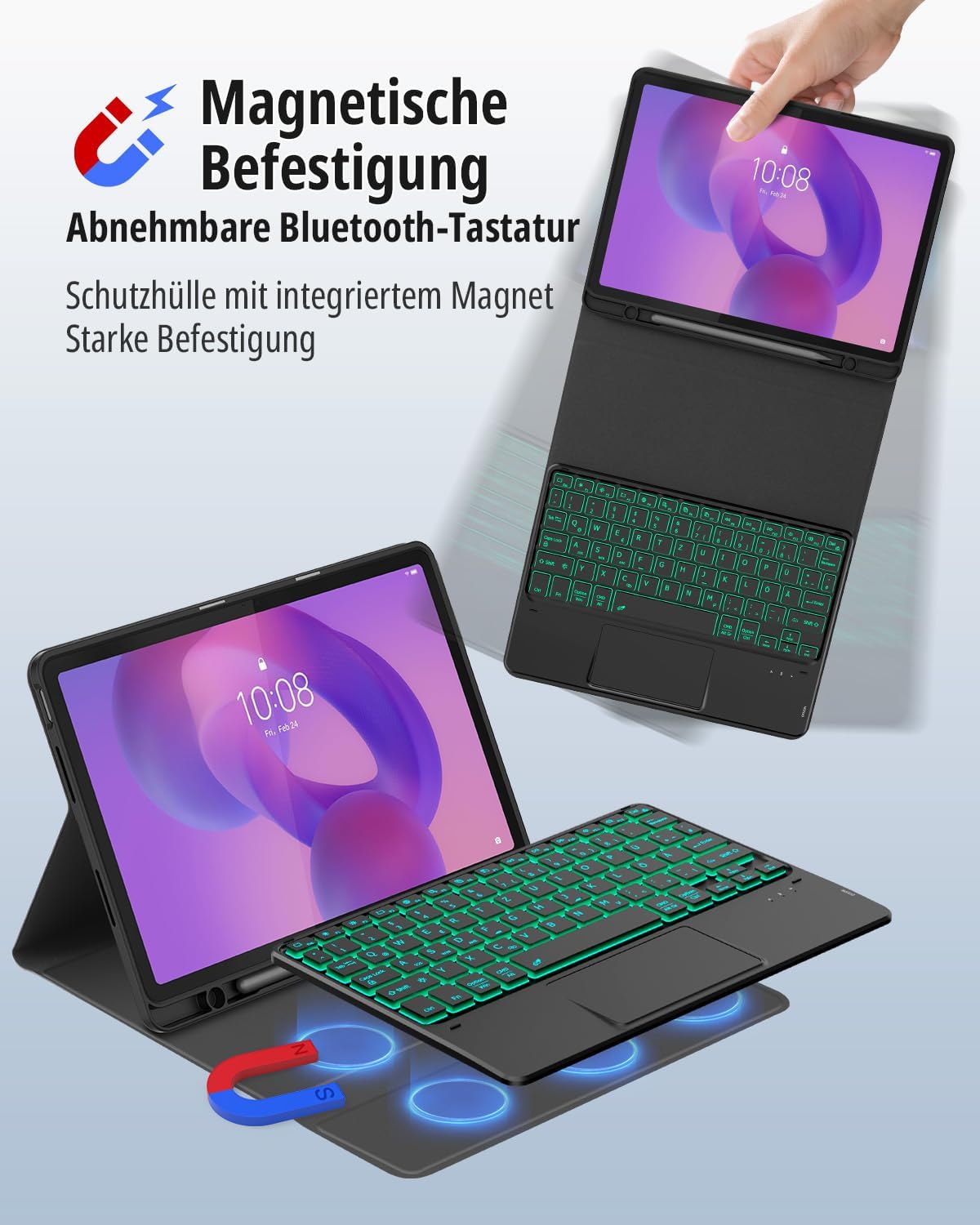 Detalle de CACOE Tastaturhülle mit Touchpad für Lenovo Idea Tab 2025 11" (TB-336ZU/TB-336FU) – QWERTZ, 7-farbige Beleuchtung, abnehmbar