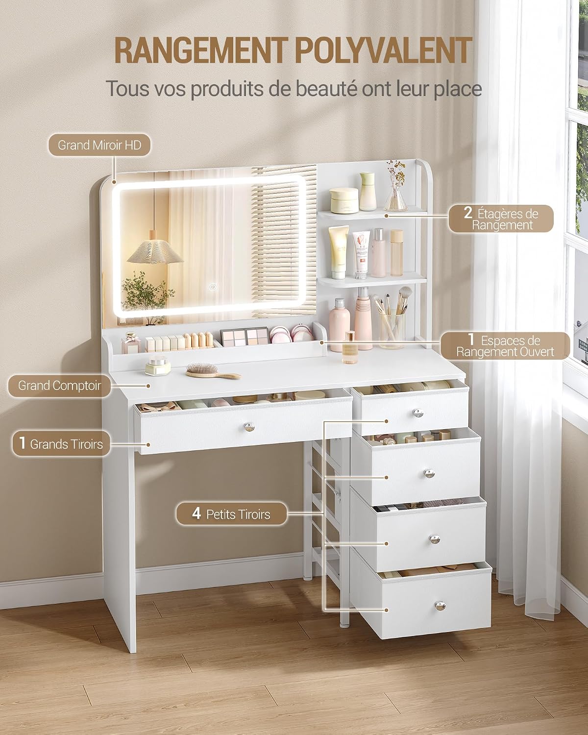 Detalle de Hzuaneri Coiffeuse avec éclairage LED et grand miroir HD — 5 tiroirs et 2 étagères