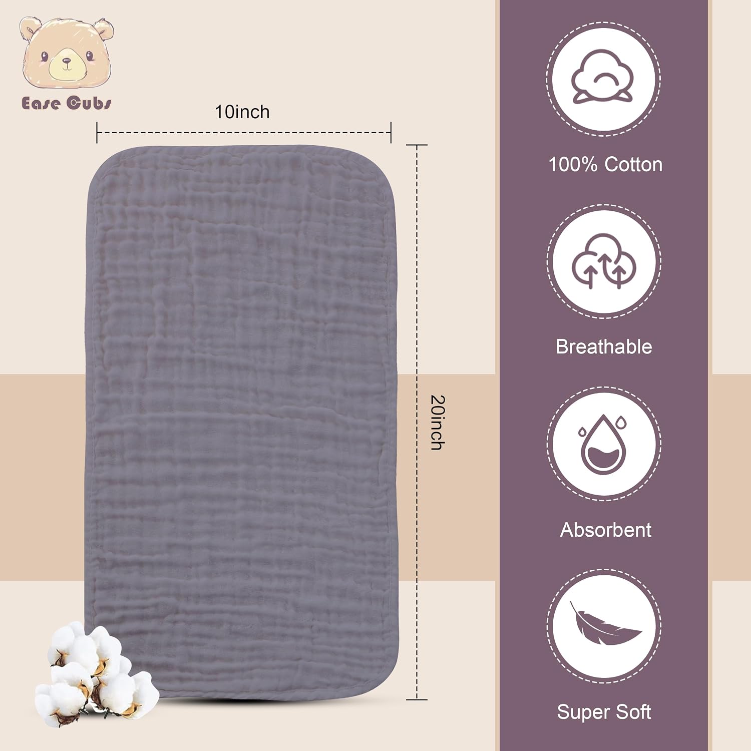 Thumbnail 1 de Ease Cubs Muslin Burp Cloths, 100% Cotton