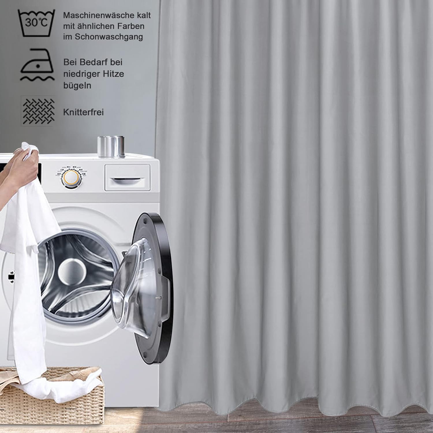 Detalle 2 de Extra Breiter Duschvorhang 300x200 cm – Grau, wasserdichtes Polyester, 20 Ösen & 20 Haken