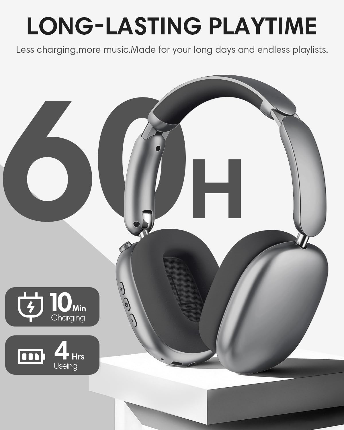 Detalle de Wentronic Y02 Active Noise Cancelling Headphones – Wireless Over-Ear, 60H Battery, Bluetooth 5.4 (Grey)