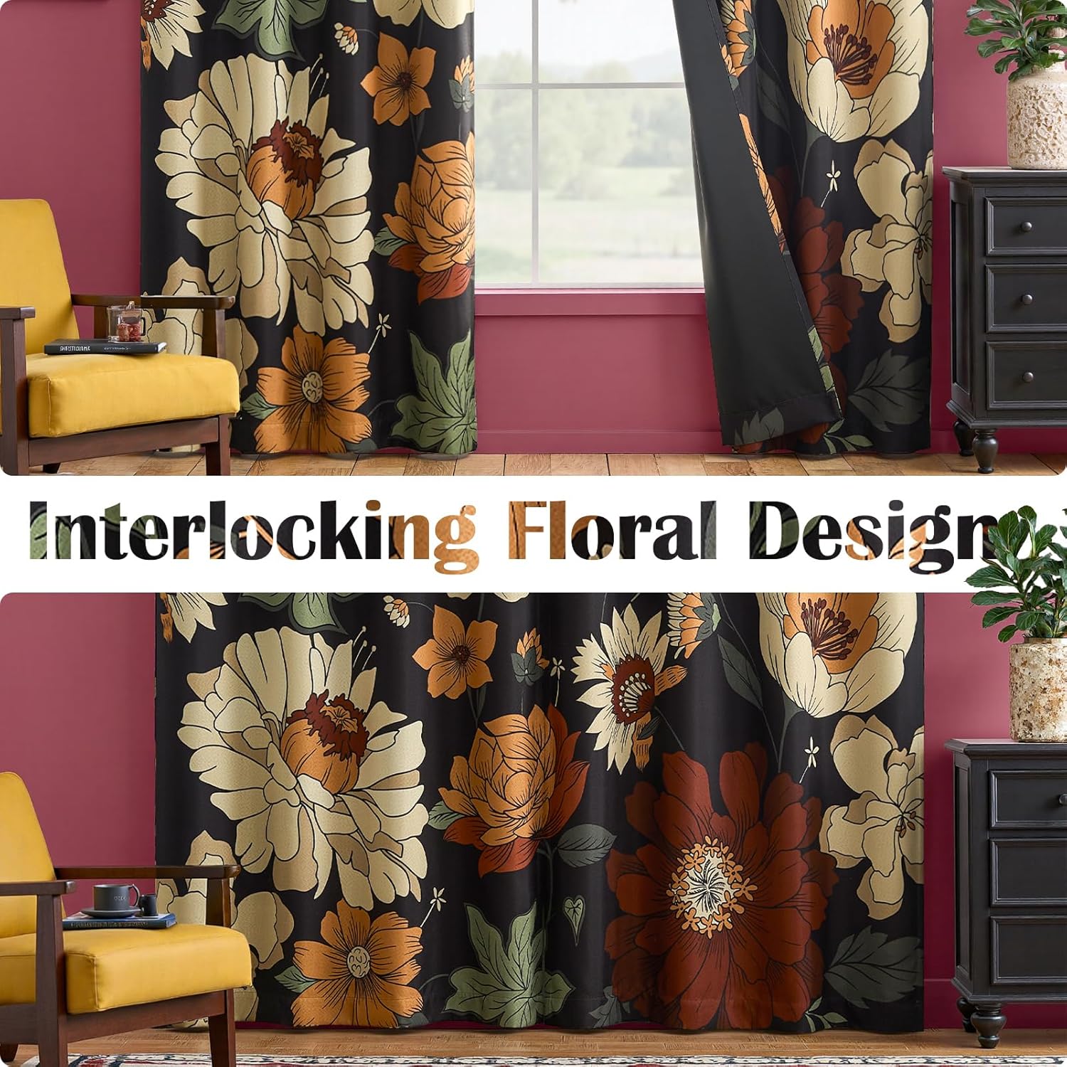 Detalle 1 de jinchan JINCHAN Curtains Floral Blackout Drapes, 80% Light Blocking, 96-Inch