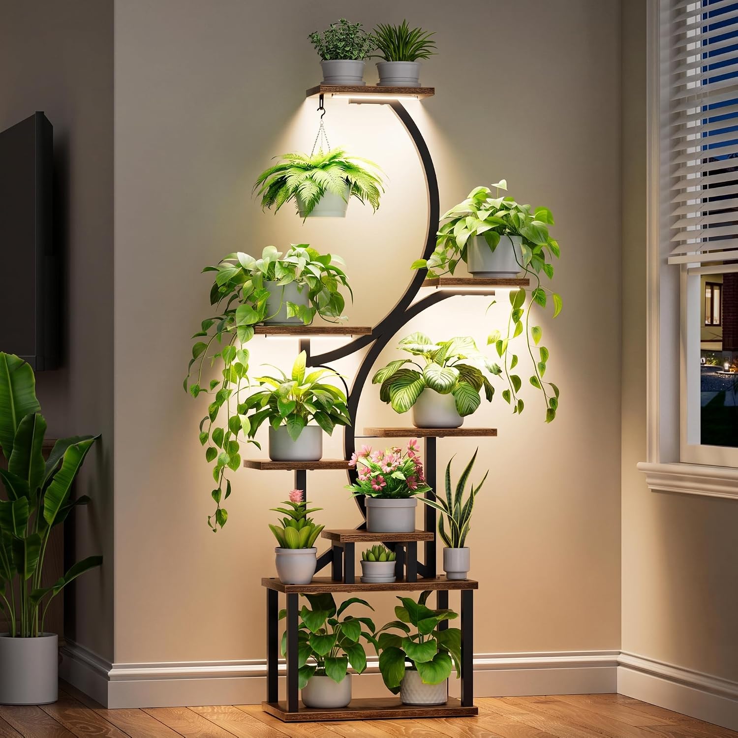 Detalle de BACEKOLL Porta Piante da Interno con luci di crescita, forma a S, altezza 157 cm, 8 livelli
